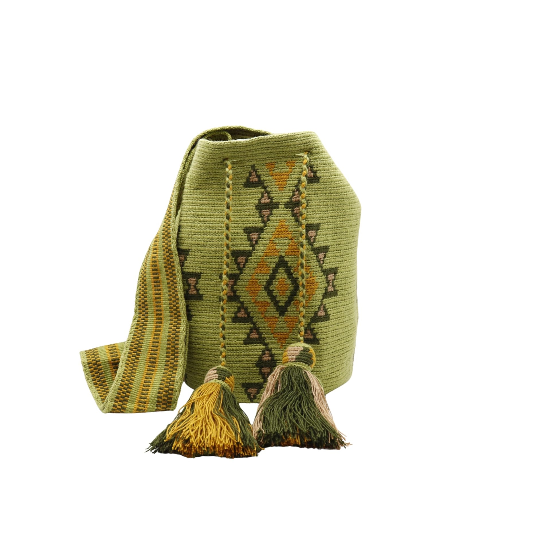 Colorful Wayuu bag with a geometric design in green and brown shades.