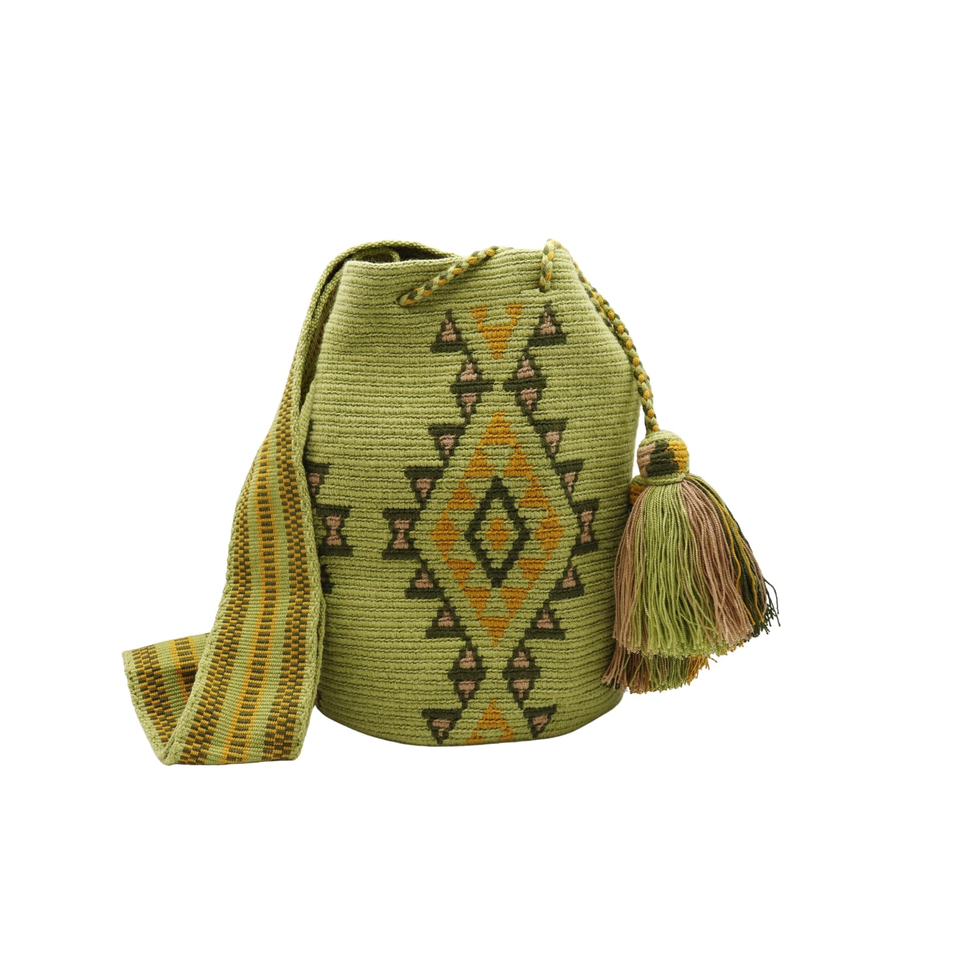 Colorful Wayuu bag with a geometric design in green and brown shades.