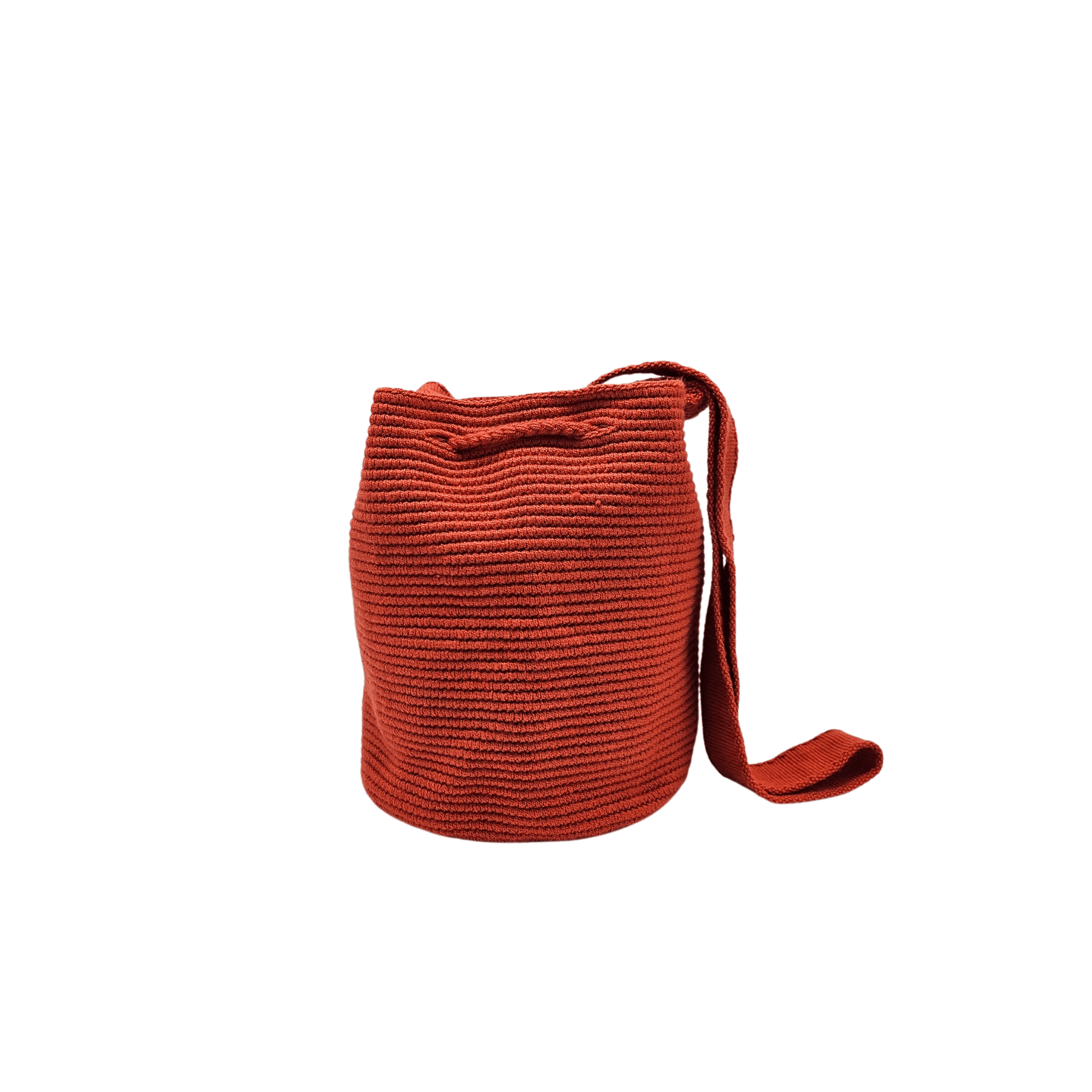 Medium-sized Wayuu bag in solid red color, featuring beautiful pom poms for drawstring closure.