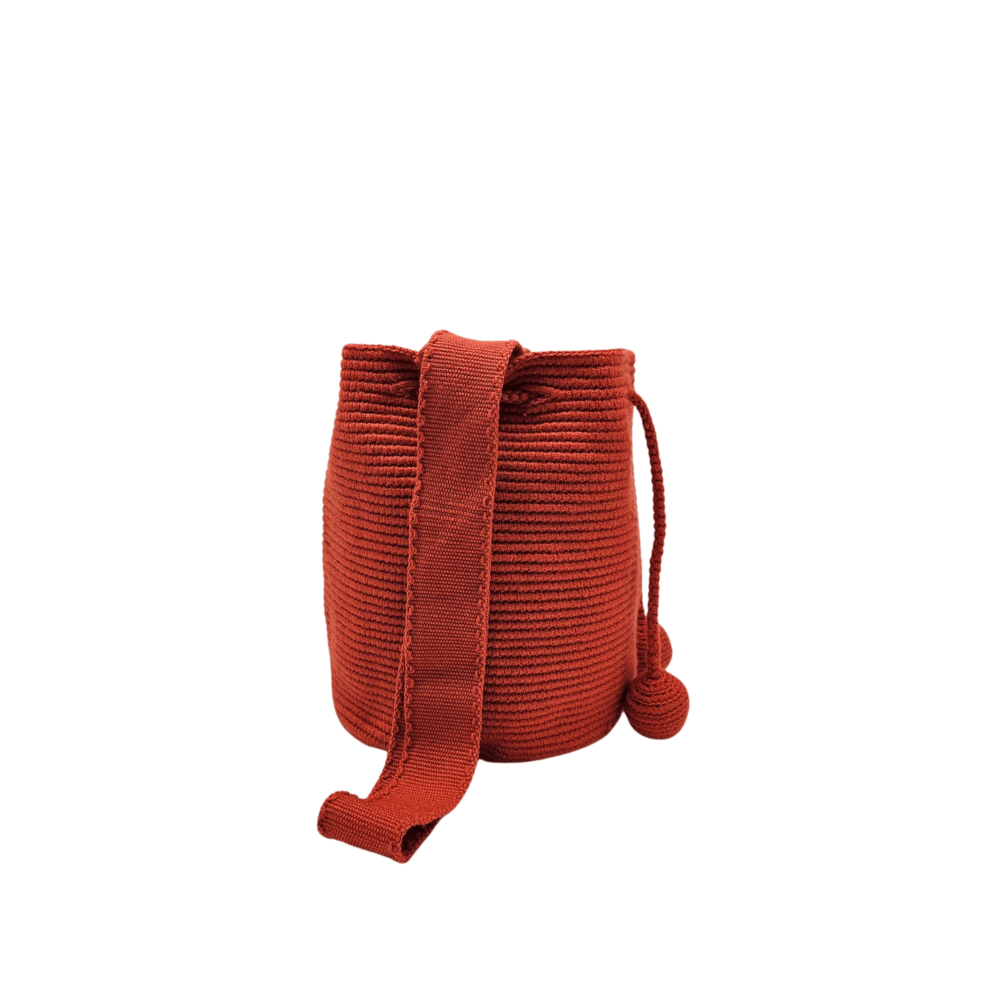 Medium-sized Wayuu bag in solid red color, featuring beautiful pom poms for drawstring closure.