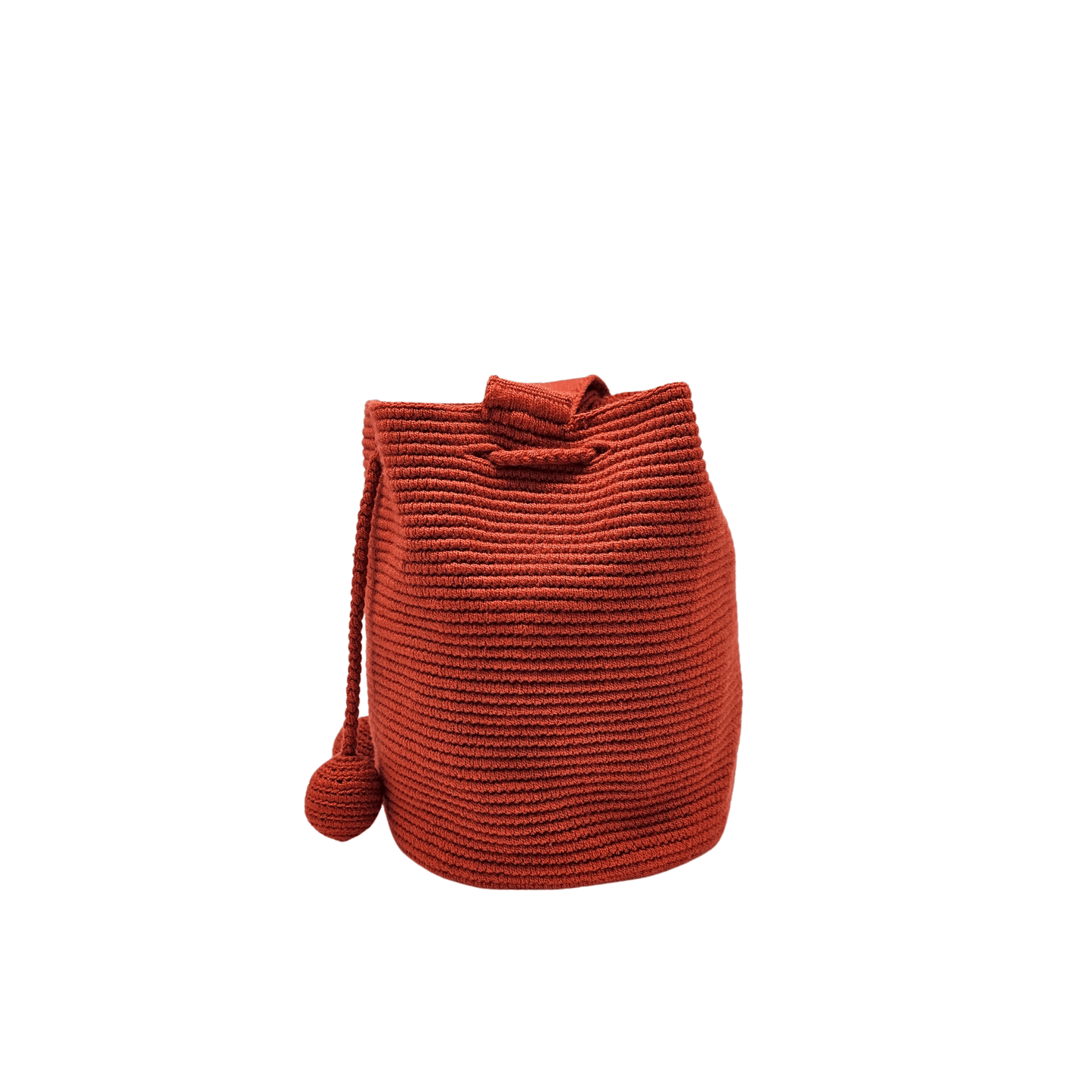 Medium-sized Wayuu bag in solid red color, featuring beautiful pom poms for drawstring closure.