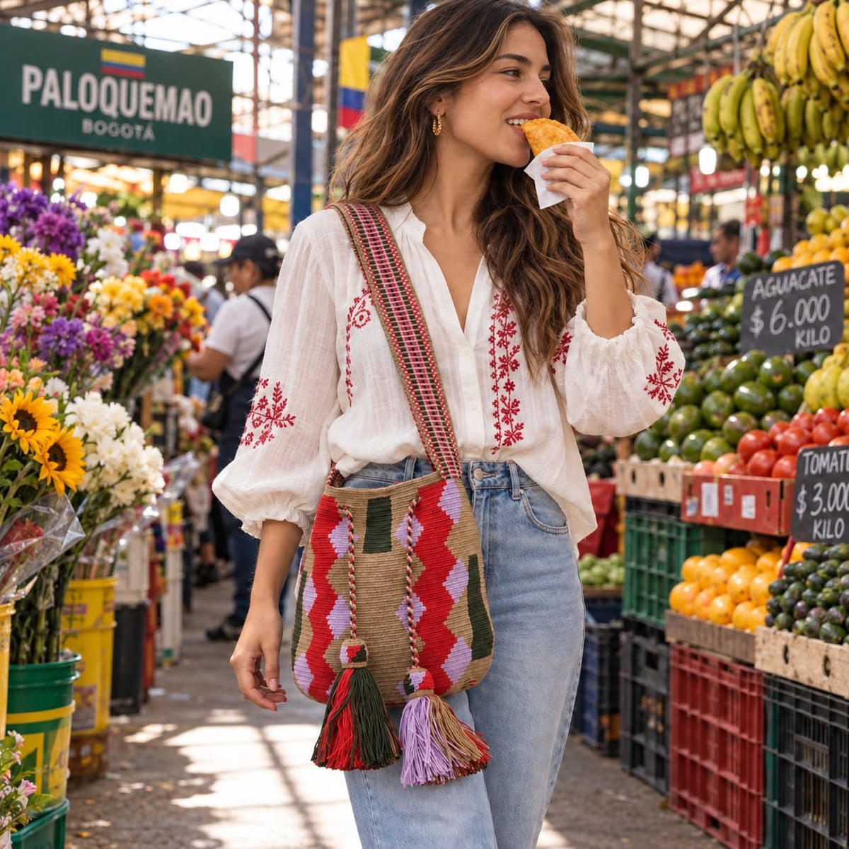 Handmade Wayuu bag with intricate patterns, crafted by Colombian artisans, featuring vibrant colors and authentic cultural designs.