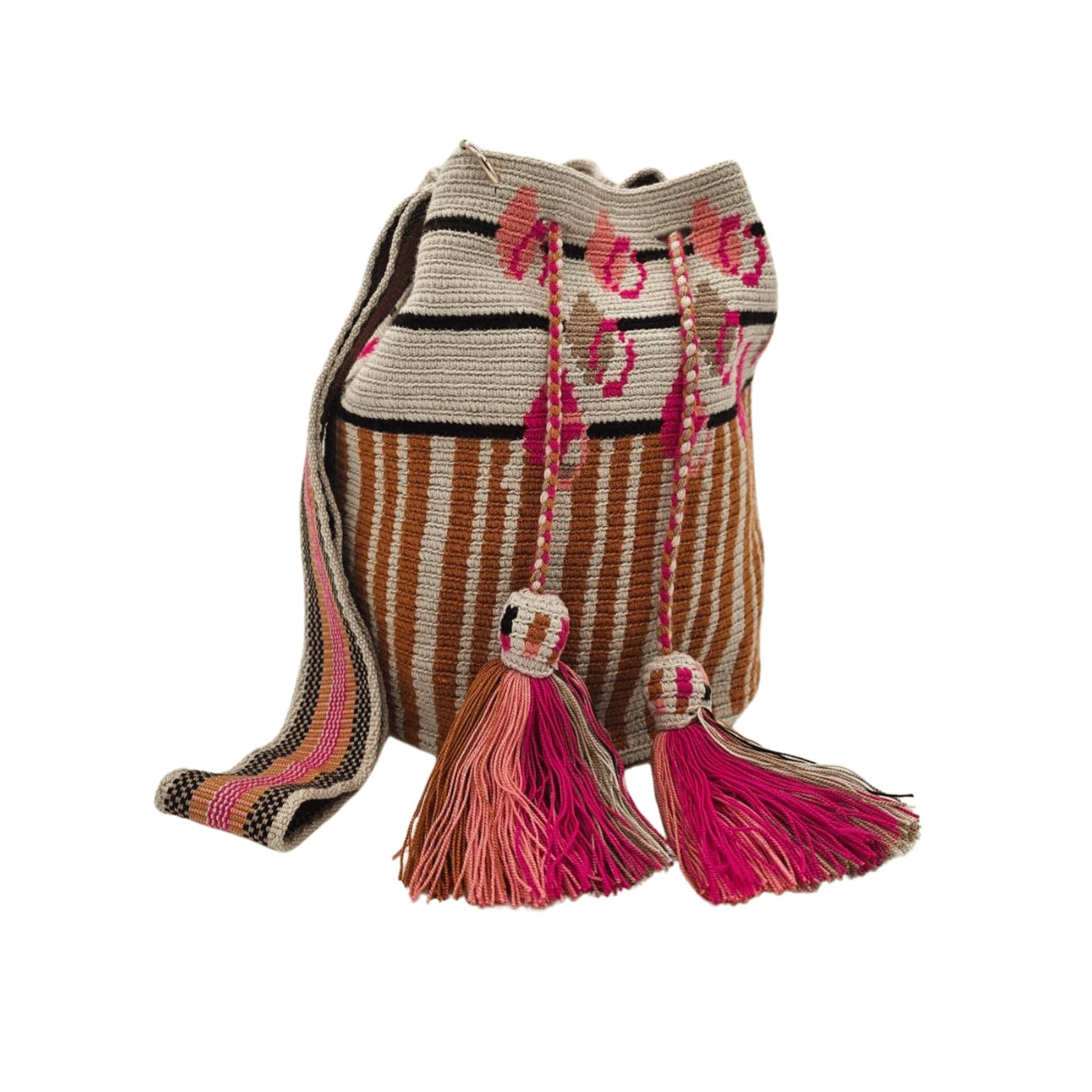Handmade Wayuu mochila bag, featuring vibrant colors and intricate geometric designs, crafted by Colombian artisans. A unique, ethically made fashion accessory.