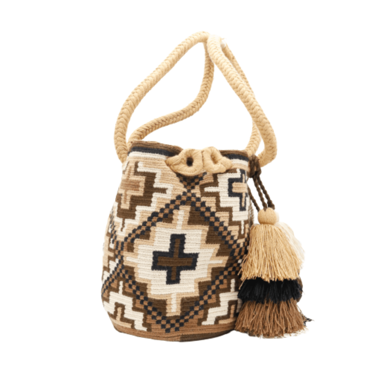 Saskia Crochet Tote Bag - Large Size, Beige and Brown Shades, 2 Braided Handles with Tassels and Pom Poms Decorations.
