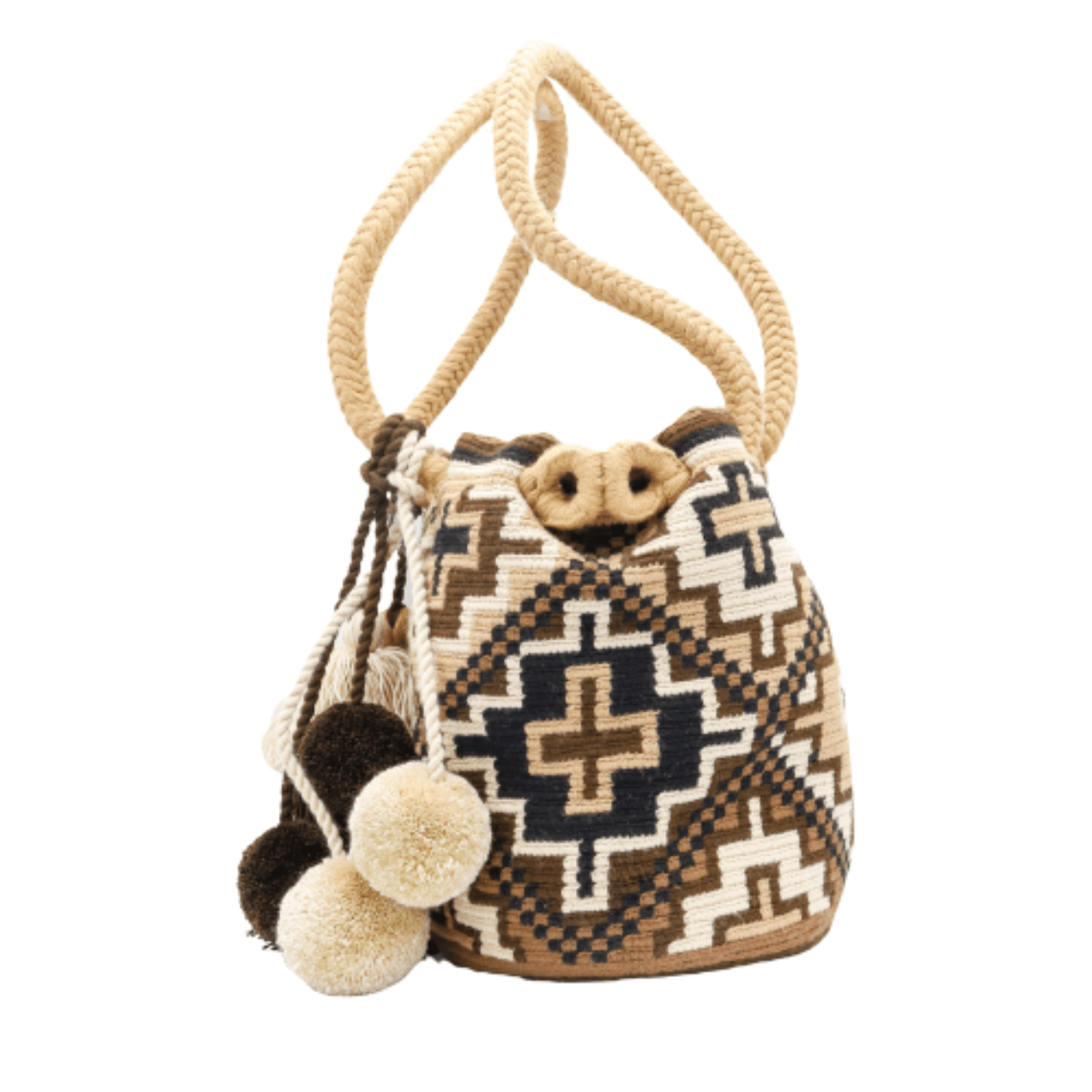 Saskia Crochet Tote Bag - Large Size, Beige and Brown Shades, 2 Braided Handles with Tassels and Pom Poms Decorations.