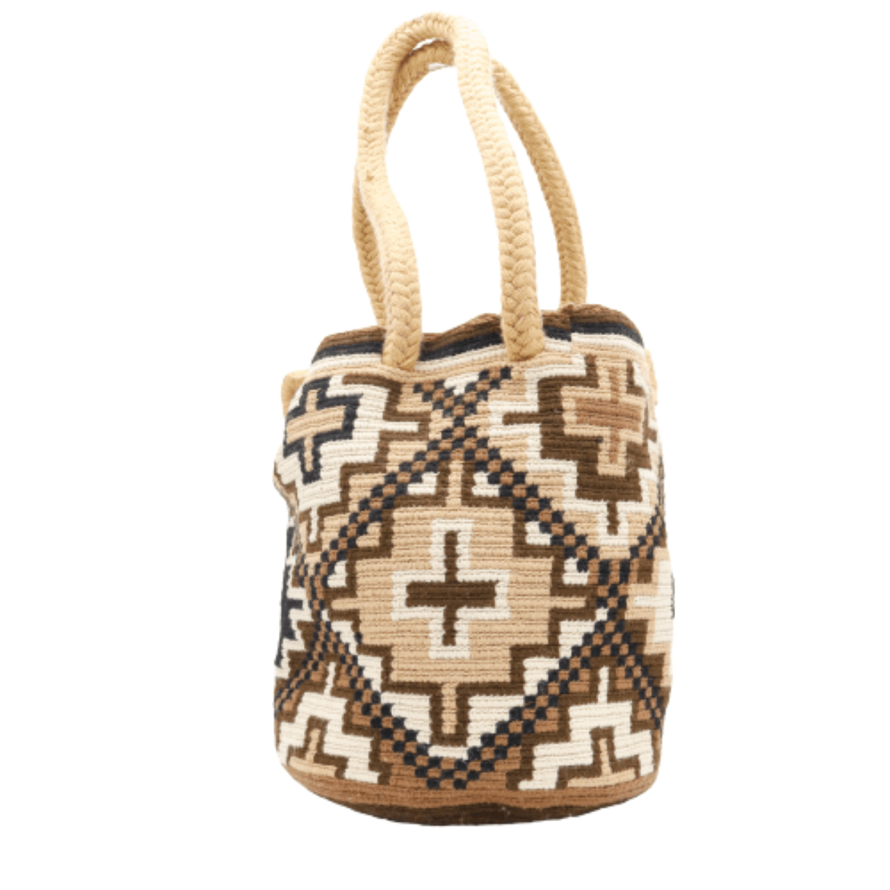 Saskia Crochet Tote Bag - Large Size, Beige and Brown Shades, 2 Braided Handles with Tassels and Pom Poms Decorations.