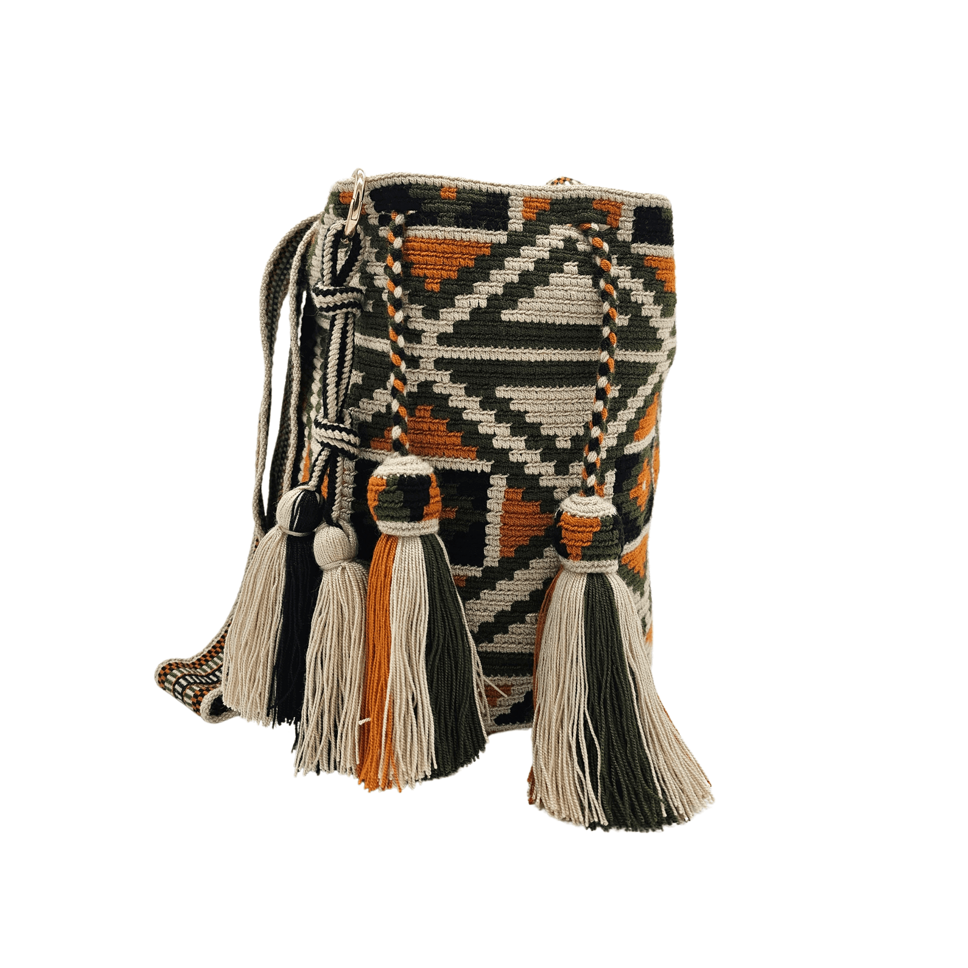 Handwoven Wayuu bag with intricate geometric patterns in earthy tones of olive green, beige, black, and burnt orange. Features a drawstring closure and decorative tassels on the side, showcasing traditional craftsmanship from the Wayuu artisans of Colombia.
