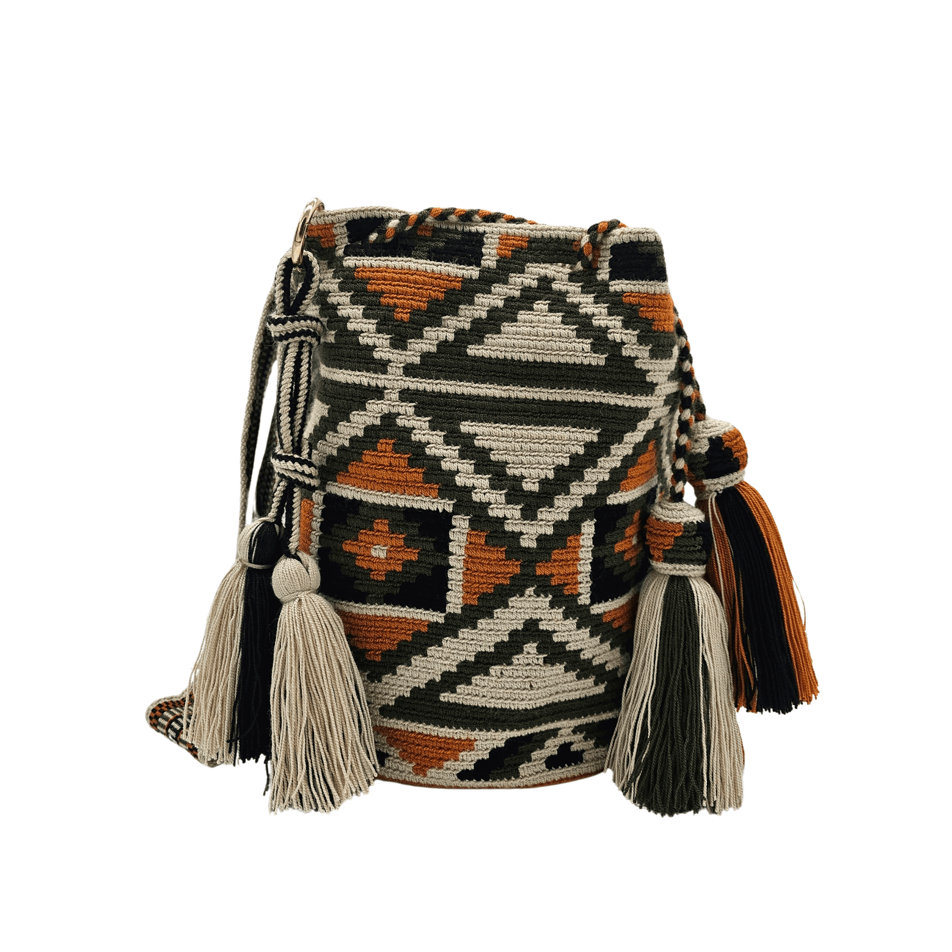Handwoven Wayuu bag with intricate geometric patterns in earthy tones of olive green, beige, black, and burnt orange. Features a drawstring closure and decorative tassels on the side, showcasing traditional craftsmanship from the Wayuu artisans of Colombia.