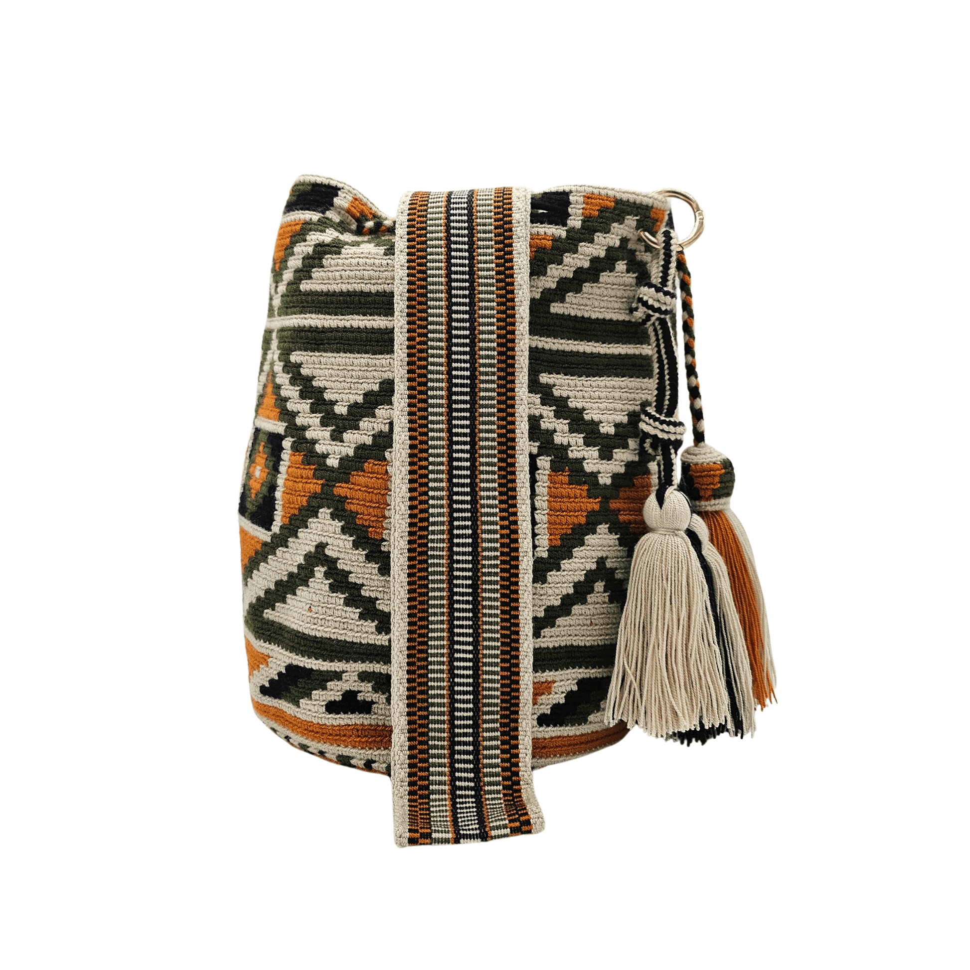 Handwoven Wayuu bag with intricate geometric patterns in earthy tones of olive green, beige, black, and burnt orange. Features a drawstring closure and decorative tassels on the side, showcasing traditional craftsmanship from the Wayuu artisans of Colombia.