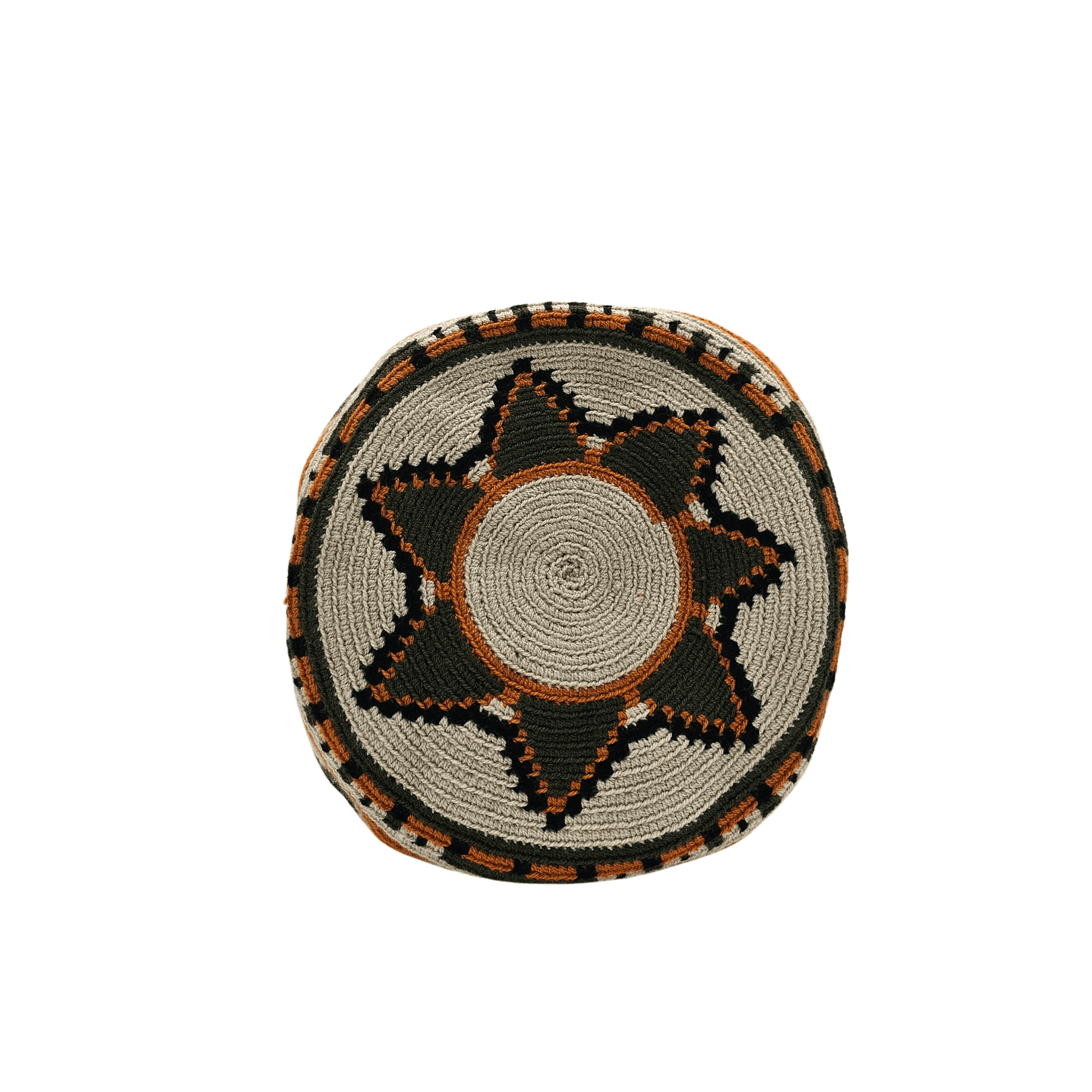 Handwoven Wayuu bag with intricate geometric patterns in earthy tones of olive green, beige, black, and burnt orange. Features a drawstring closure and decorative tassels on the side, showcasing traditional craftsmanship from the Wayuu artisans of Colombia.