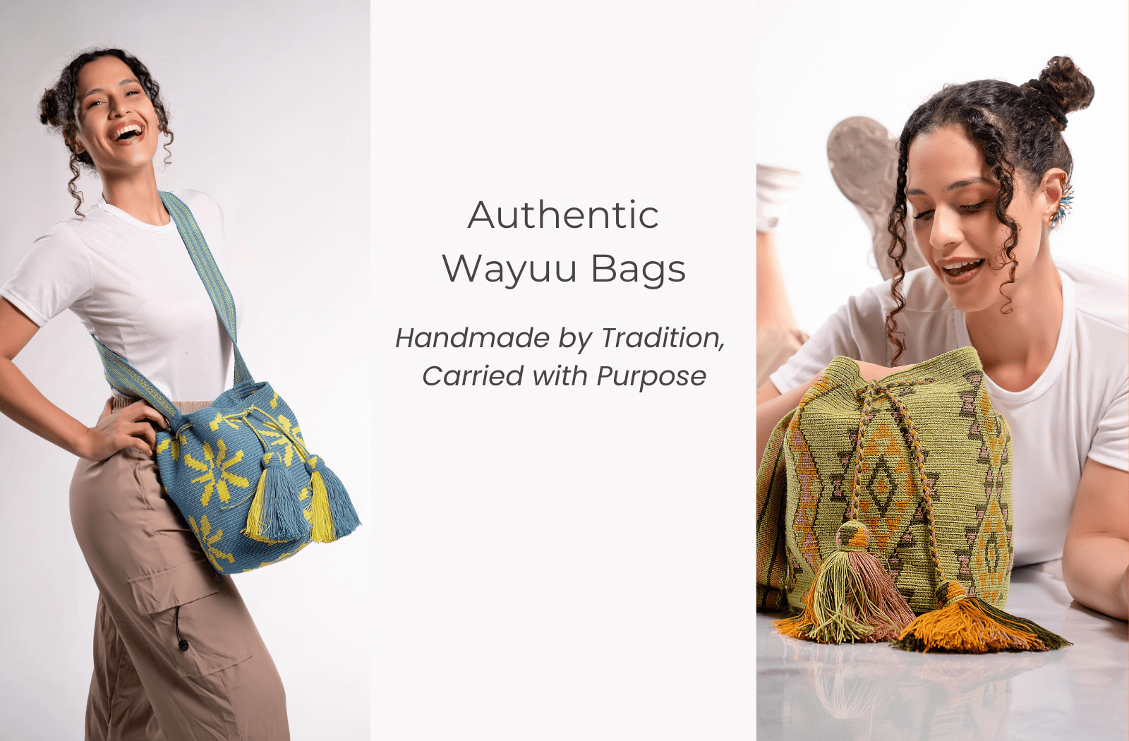 Woman showcasing handmade Wayuu bags with the text "Authentic Wayuu Bags – Handmade by Tradition, Carried with Purpose.