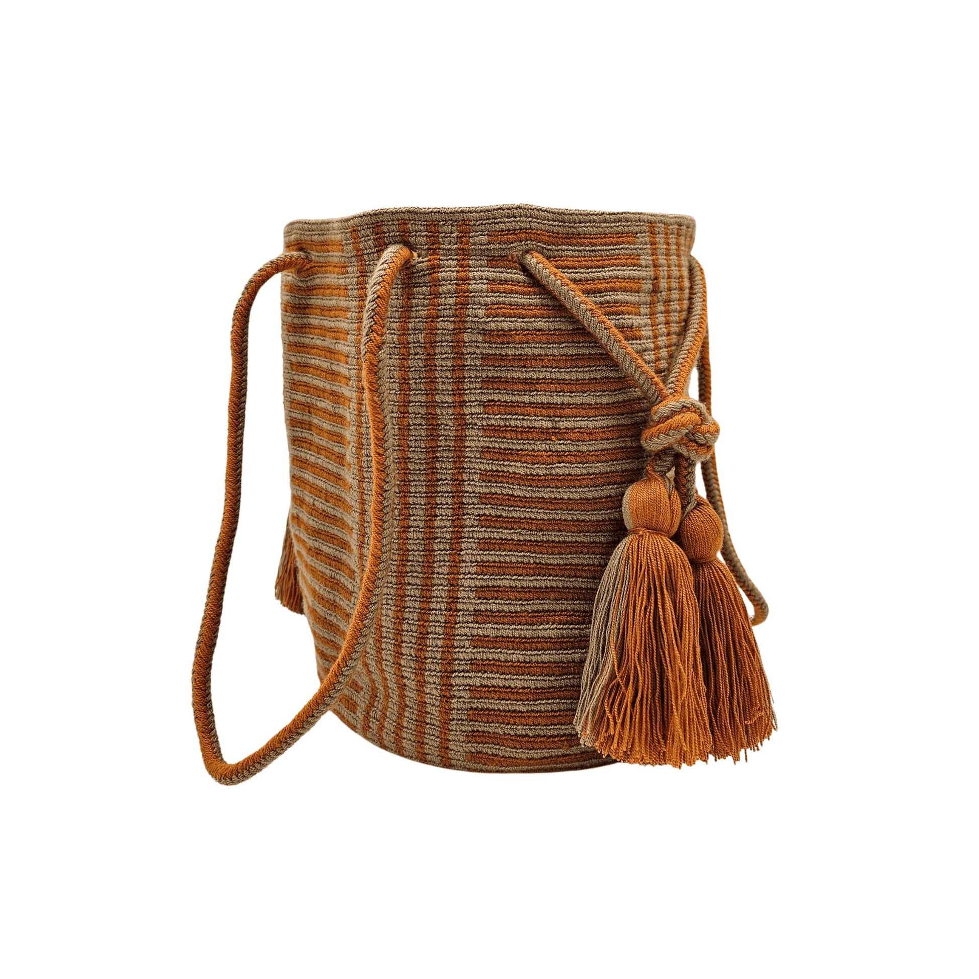 A Wayuu bag with a rusty orange background and a woven geometric pattern in beige. The bag has a drawstring closure with long tassels.