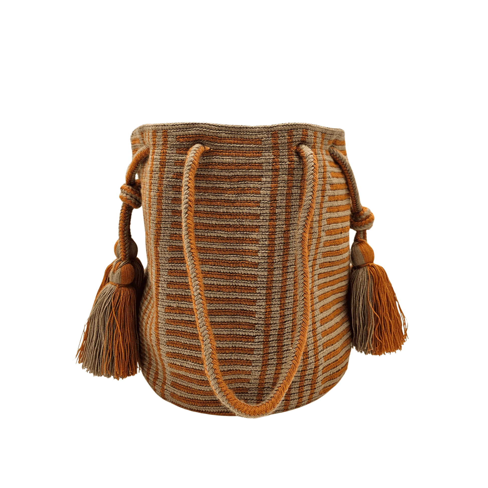 A Wayuu bag with a rusty orange background and a woven geometric pattern in beige. The bag has a drawstring closure with long tassels.