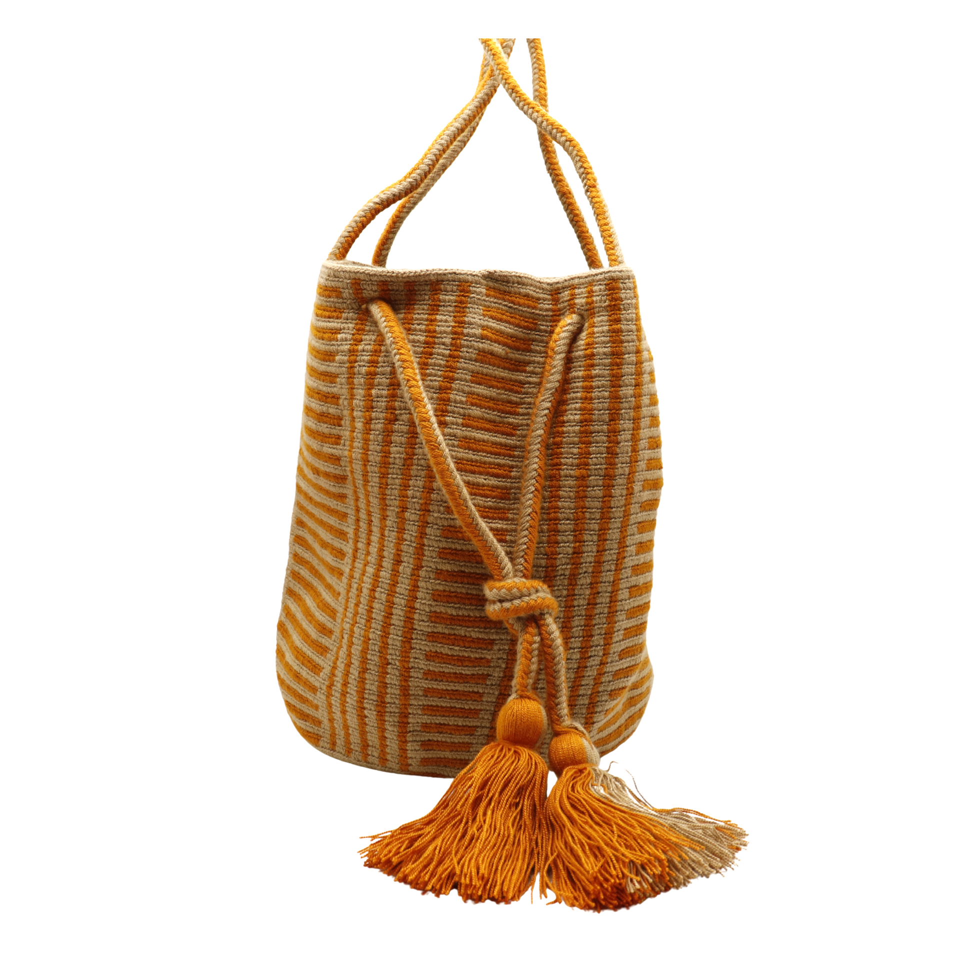 A Wayuu bag with a rusty orange background and a woven geometric pattern in beige. The bag has a drawstring closure with long tassels.