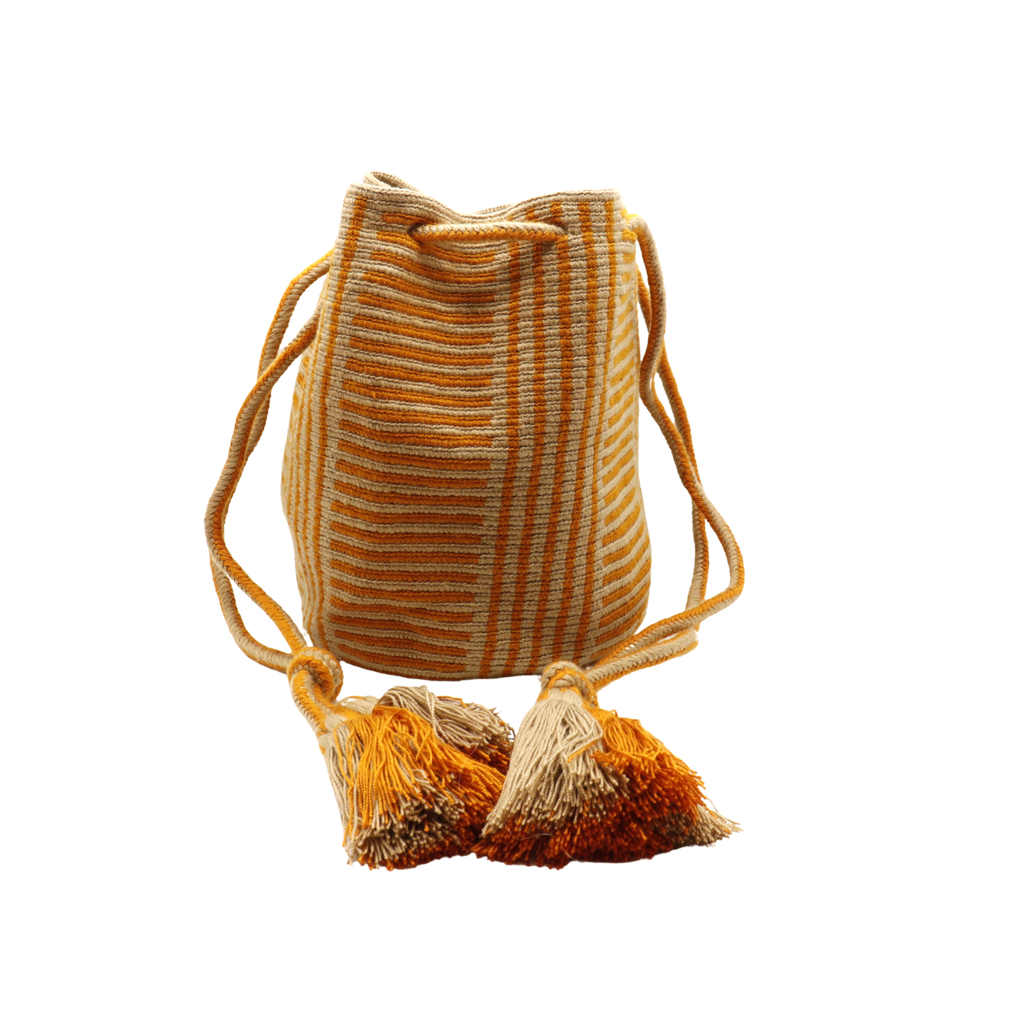 A Wayuu bag with a rusty orange background and a woven geometric pattern in beige. The bag has a drawstring closure with long tassels.
