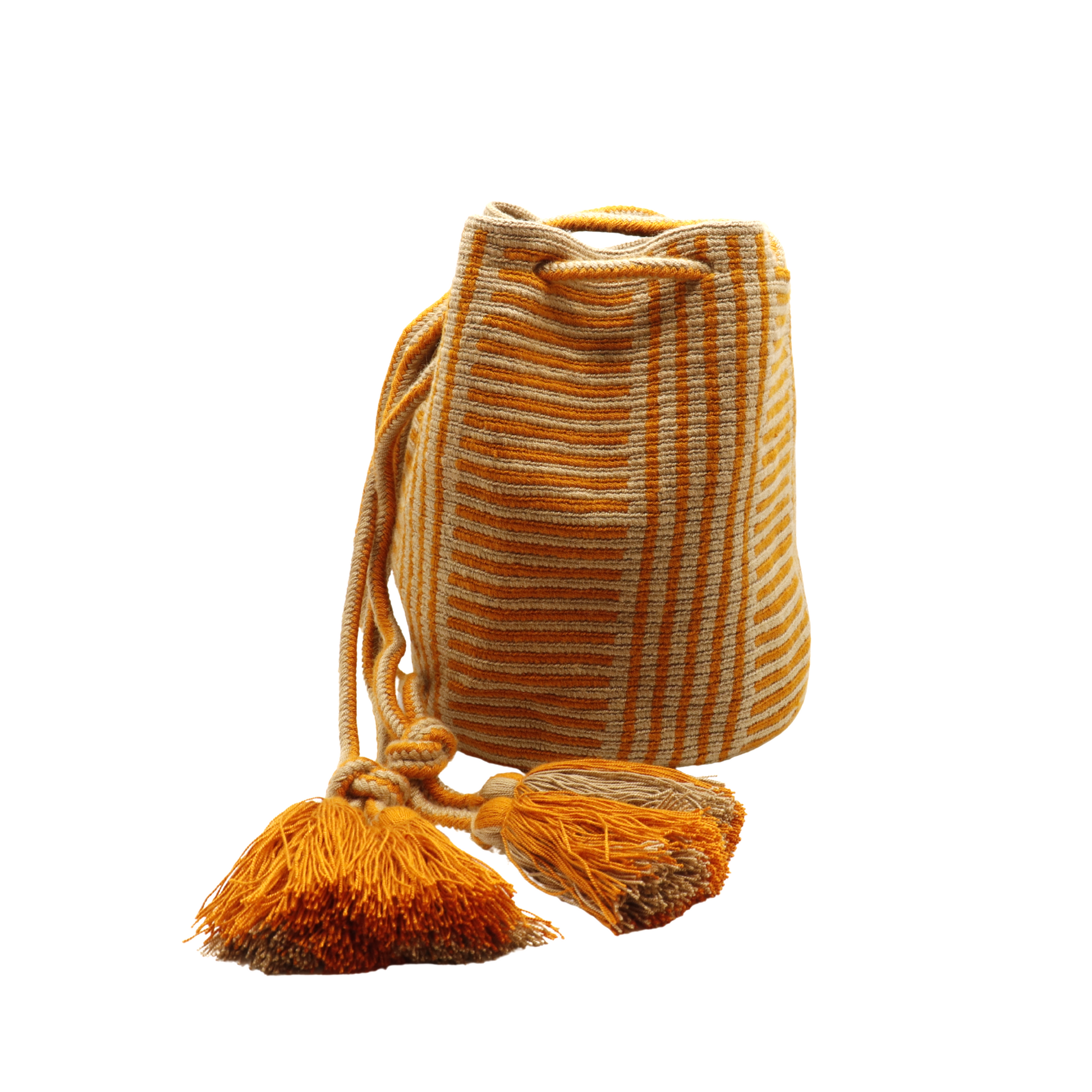 A Wayuu bag with a rusty orange background and a woven geometric pattern in beige. The bag has a drawstring closure with long tassels.