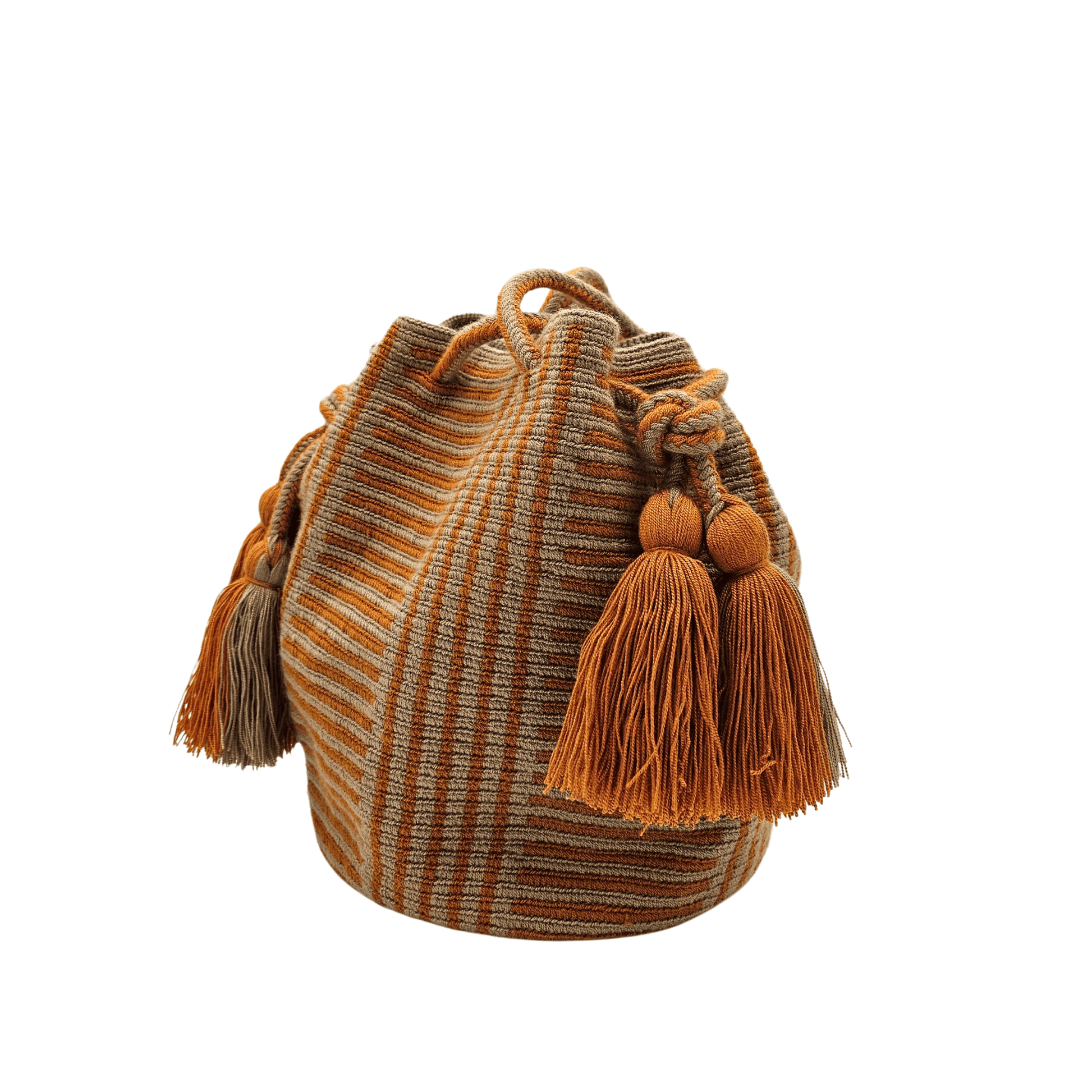 A Wayuu bag with a rusty orange background and a woven geometric pattern in beige. The bag has a drawstring closure with long tassels.