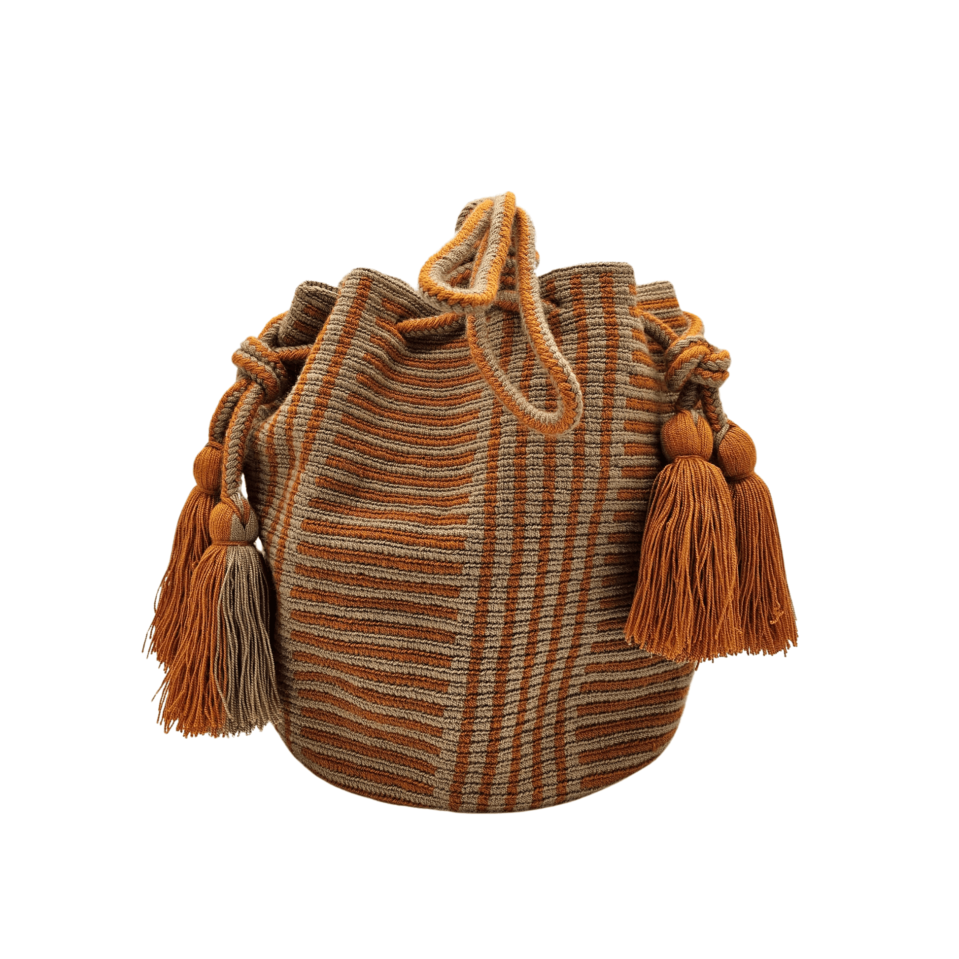 A Wayuu bag with a rusty orange background and a woven geometric pattern in beige. The bag has a drawstring closure with long tassels.