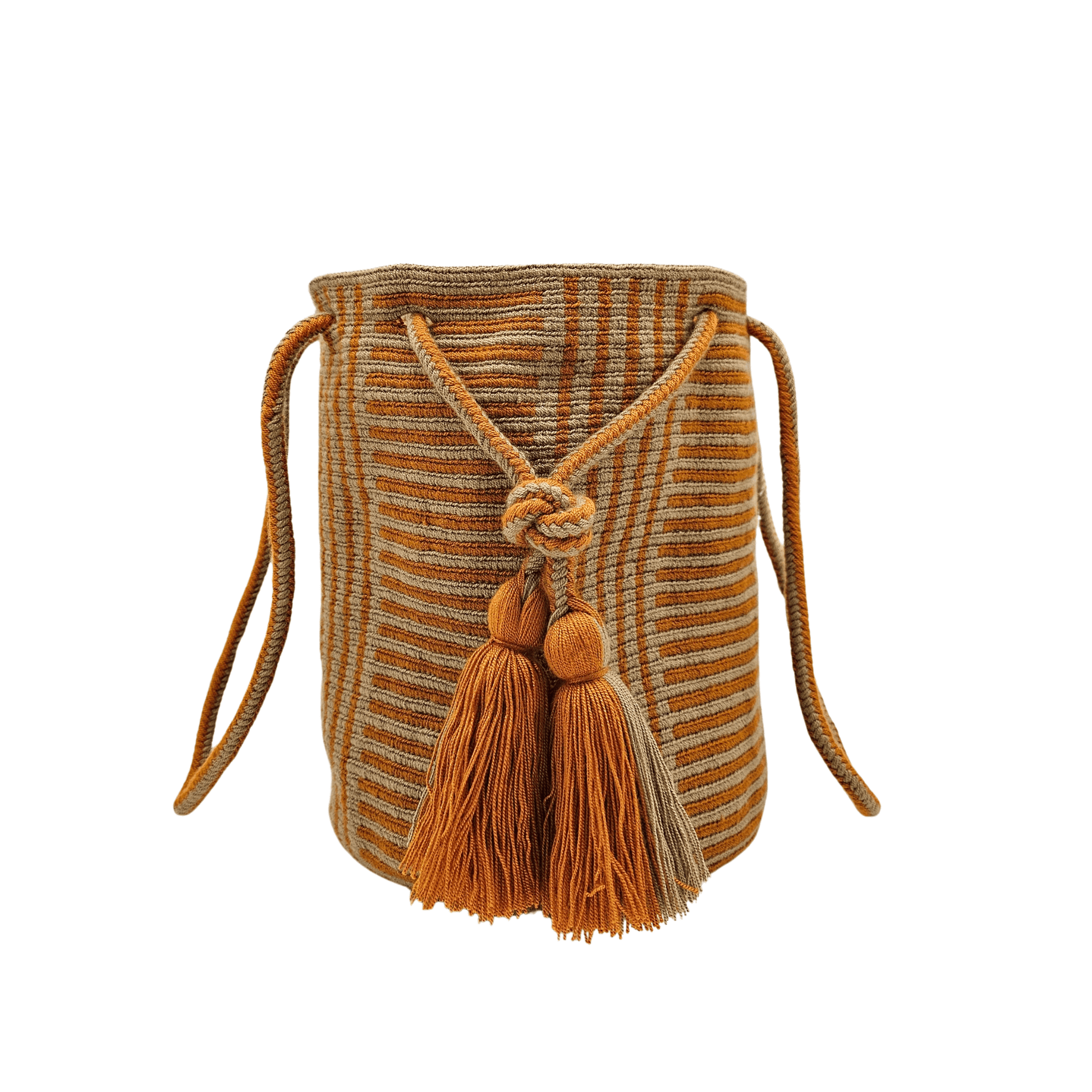 A Wayuu bag with a rusty orange background and a woven geometric pattern in beige. The bag has a drawstring closure with long tassels.