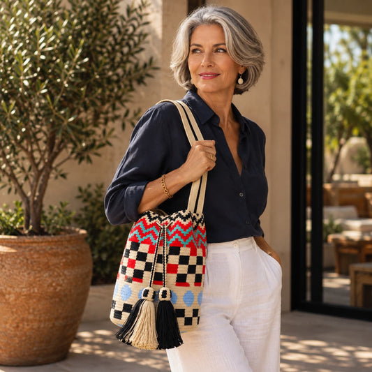 Handmade multicolored Wayuu bag with flat woven strap and geometric pattern, tassel detail, and vibrant artisanal design.