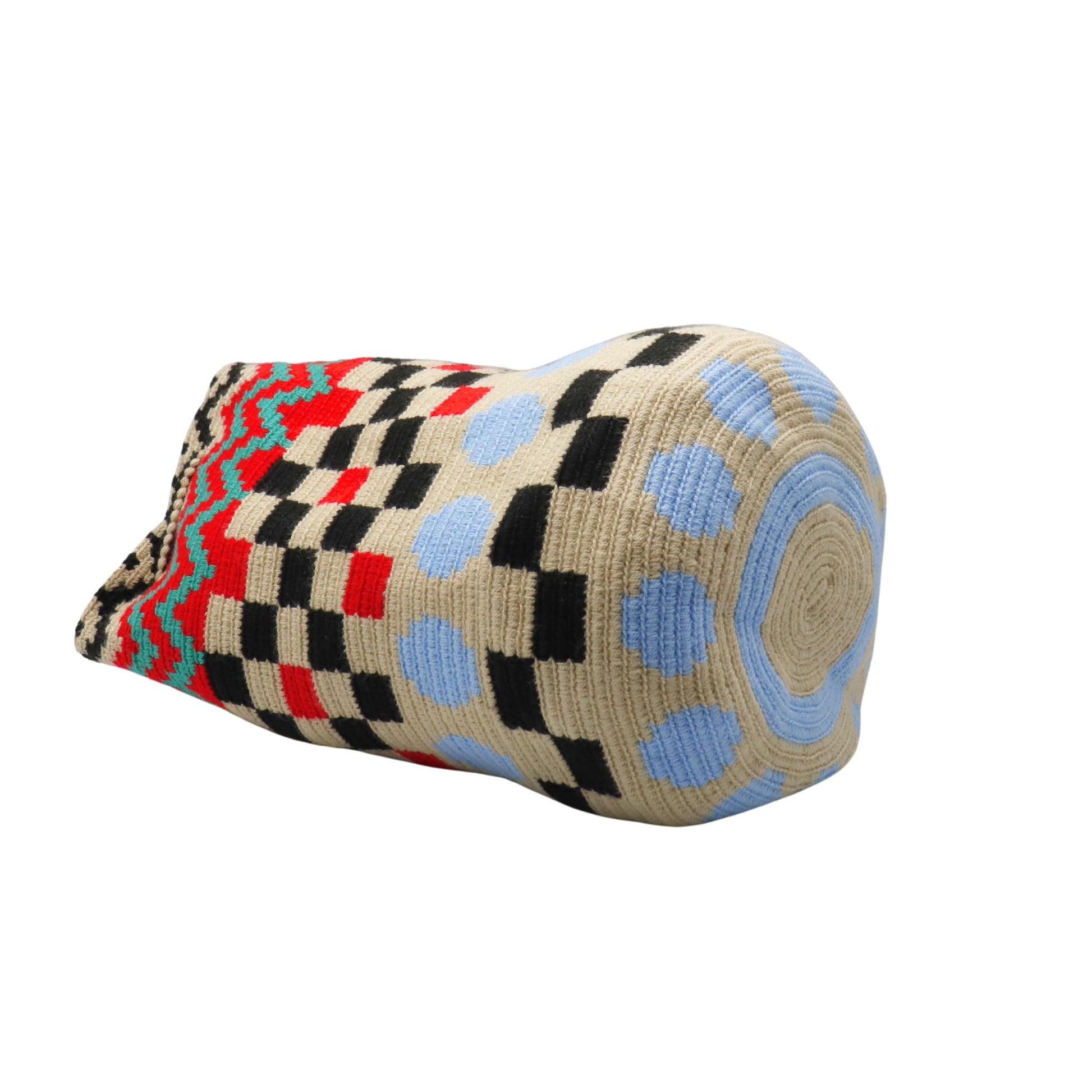Handmade multicolored Wayuu bag with flat woven strap and geometric pattern, tassel detail, and vibrant artisanal design.