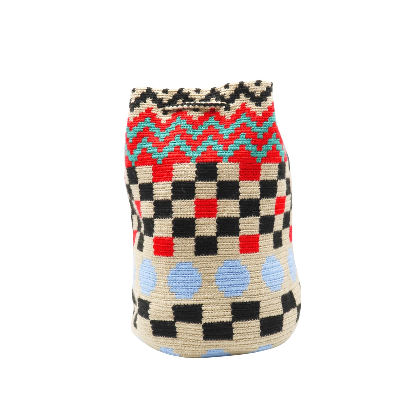 Handmade multicolored Wayuu bag with flat woven strap and geometric pattern, tassel detail, and vibrant artisanal design.