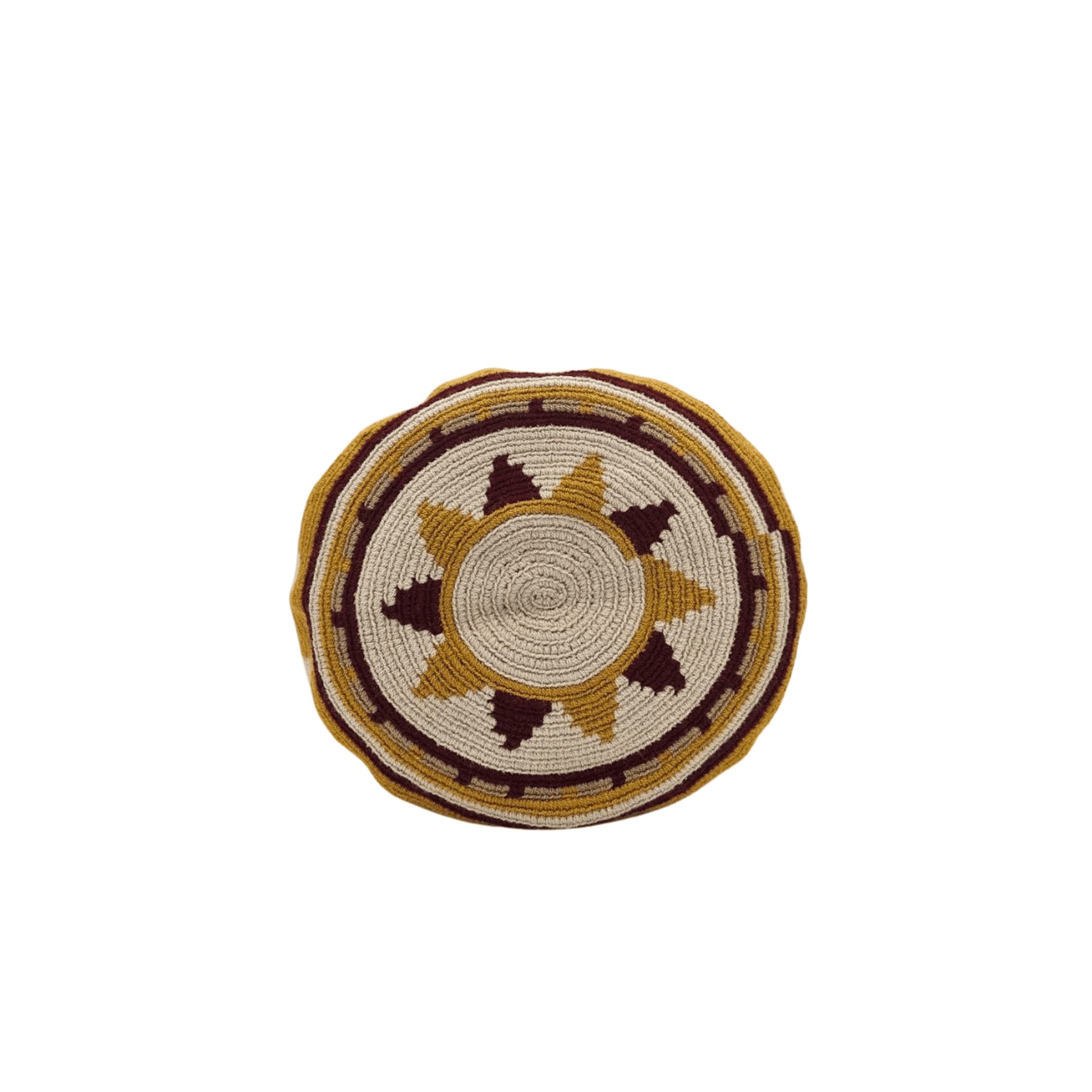 A handmade Wayuu bag in earthy tones of brown, beige, and rust, showcasing intricate weaving patterns and vibrant accents, representing authentic Colombian craftsmanship.