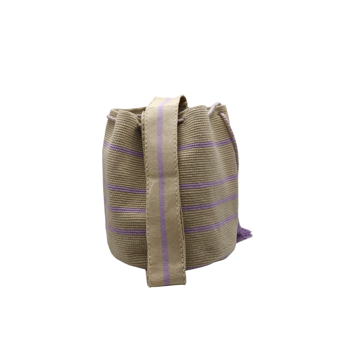 Brown bag with purple stripes on a beige background