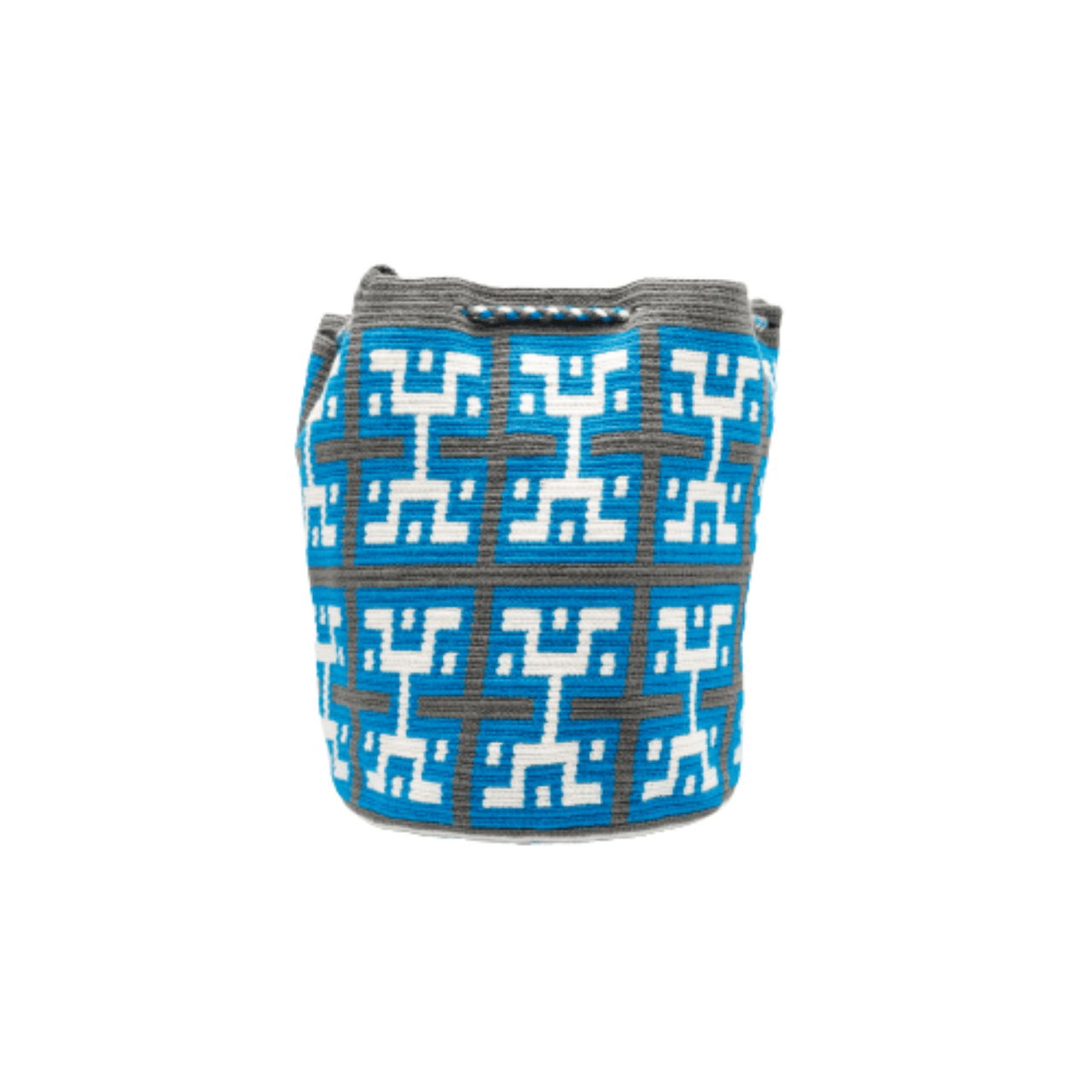 Tania Wayuu bag in rich teal and gray with white accents. The distinctive design sets this Wayuu bag apart as a unique addition to our collection.