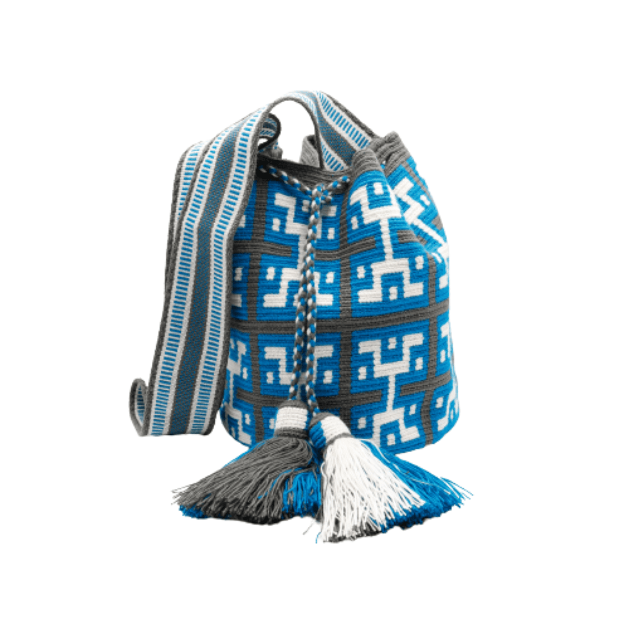 Tania Wayuu bag in rich teal and gray with white accents. The distinctive design sets this Wayuu bag apart as a unique addition to our collection.