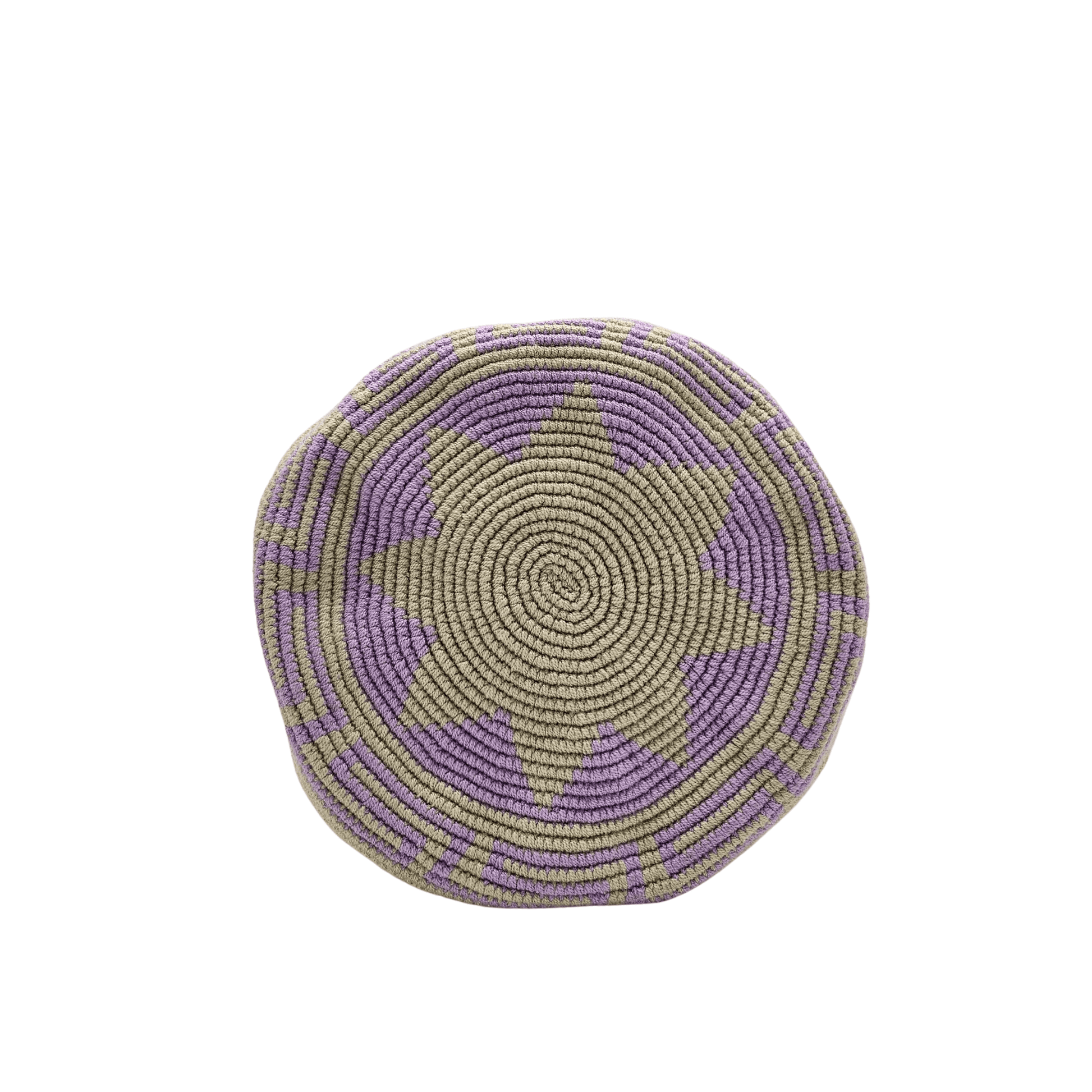 Handwoven Wayuu bag in beige with delicate lavender stripes, featuring a braided shoulder strap and decorative tassels. Ethically crafted by Colombian artisans using traditional crochet techniques.