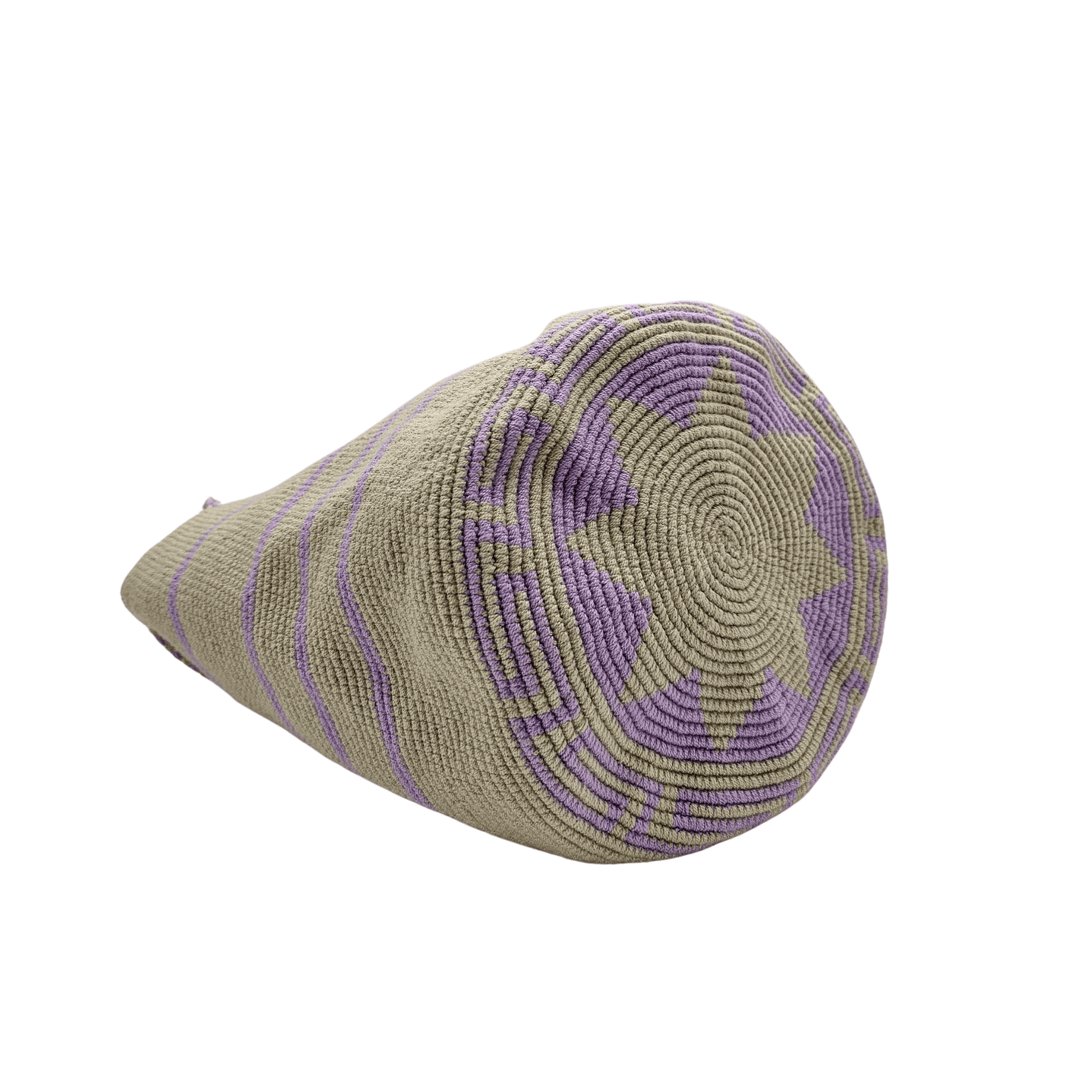 Handwoven Wayuu bag in beige with delicate lavender stripes, featuring a braided shoulder strap and decorative tassels. Ethically crafted by Colombian artisans using traditional crochet techniques.