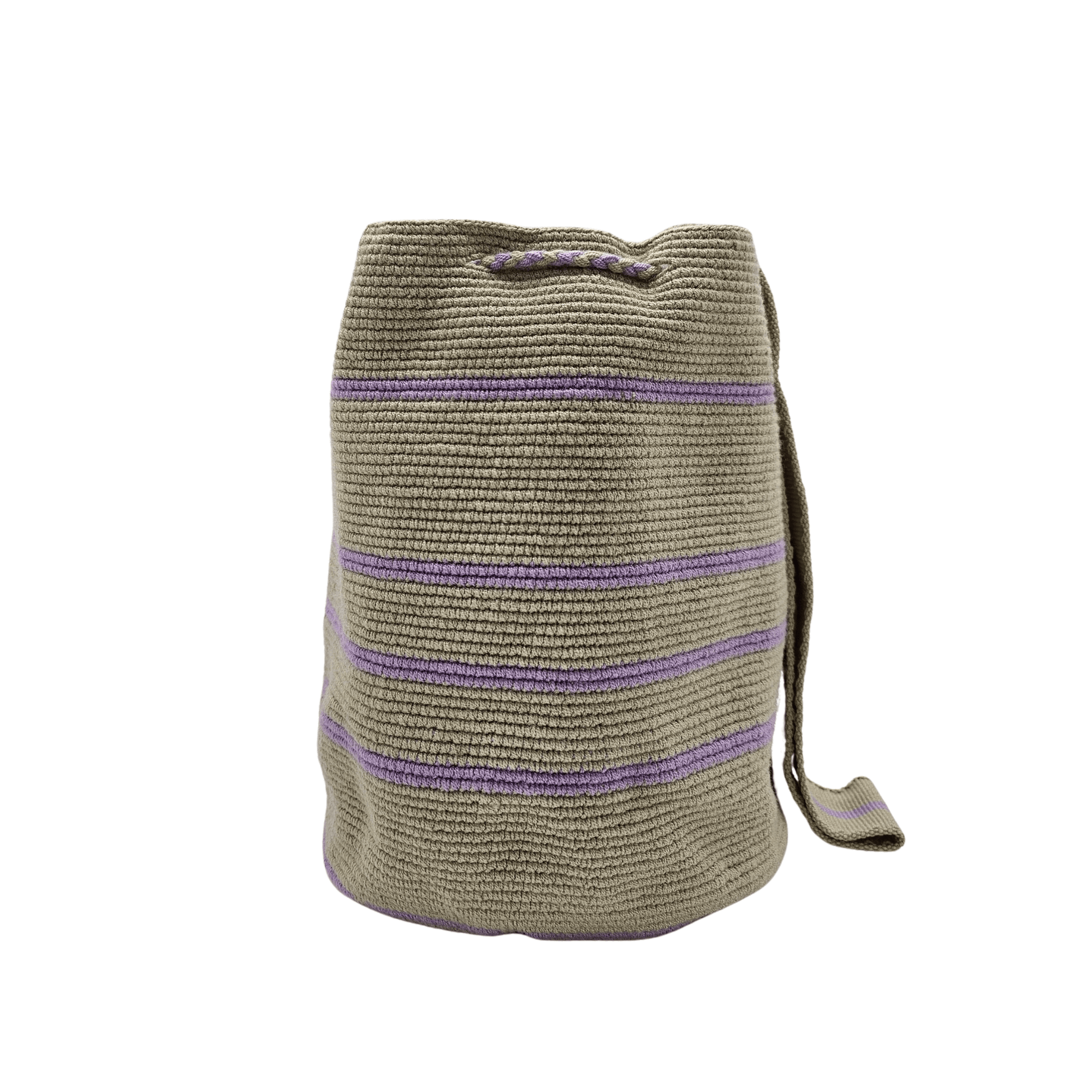 Handwoven Wayuu bag in beige with delicate lavender stripes, featuring a braided shoulder strap and decorative tassels. Ethically crafted by Colombian artisans using traditional crochet techniques.
