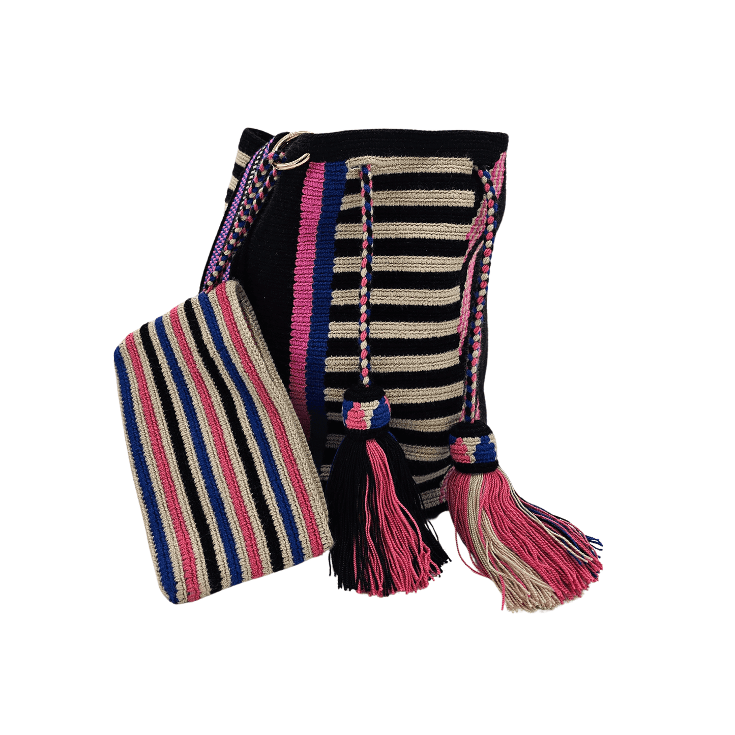 A handmade Wayuu Mochila bag from Colombia, featuring a striking striped design and a separate pouch for small essentials.