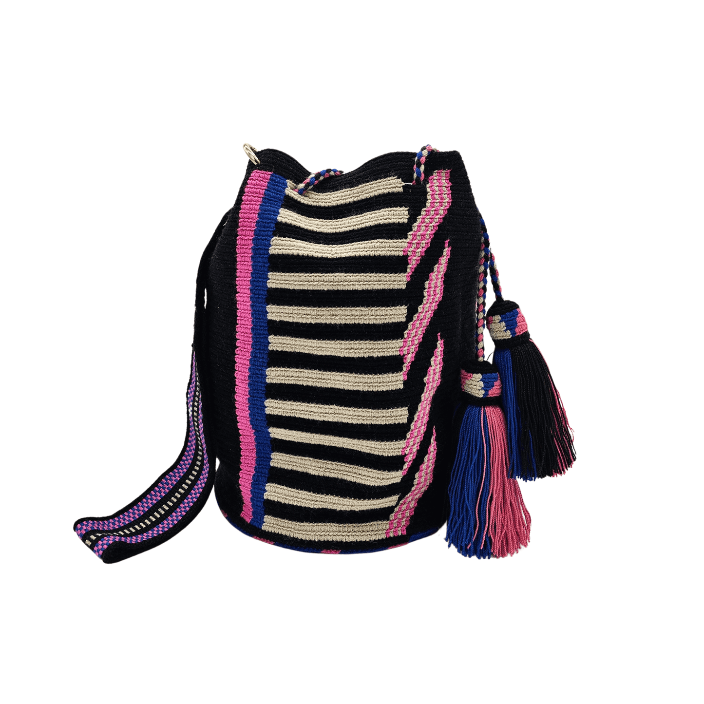 A handmade Wayuu Mochila bag from Colombia, featuring a striking striped design and a separate pouch for small essentials.