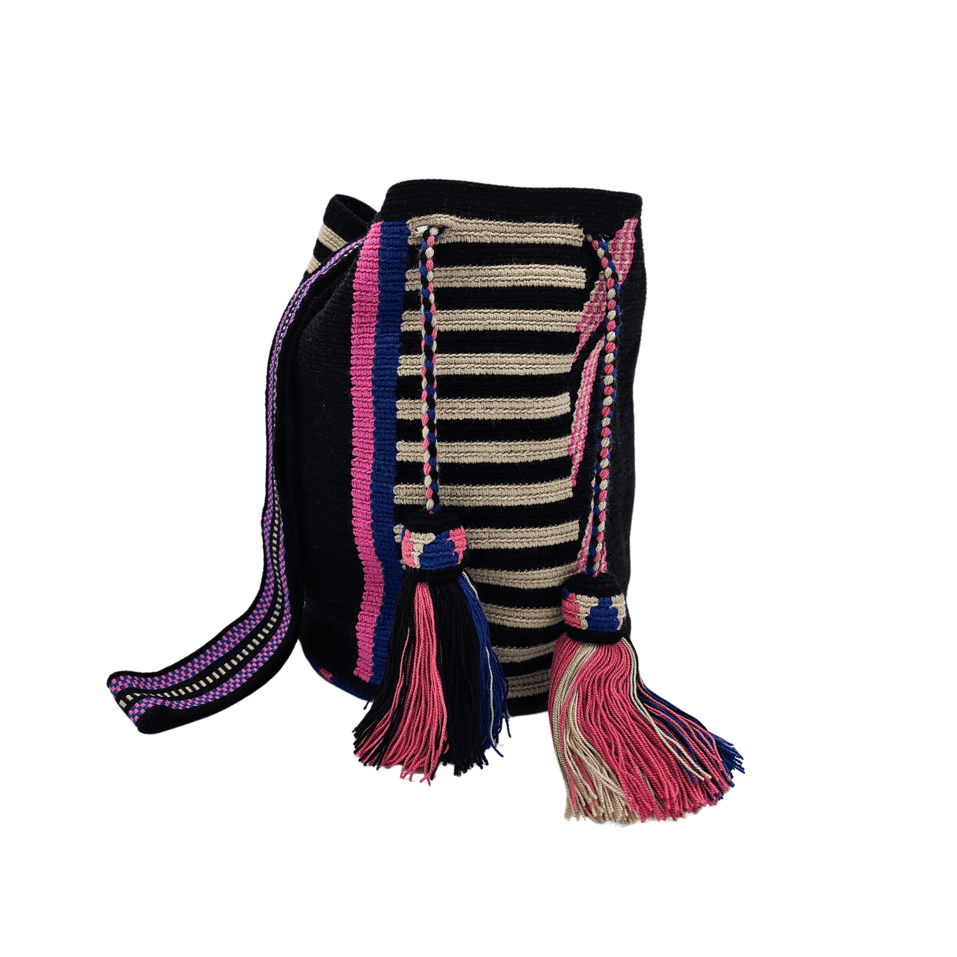 A handmade Wayuu Mochila bag from Colombia, featuring a striking striped design and a separate pouch for small essentials.