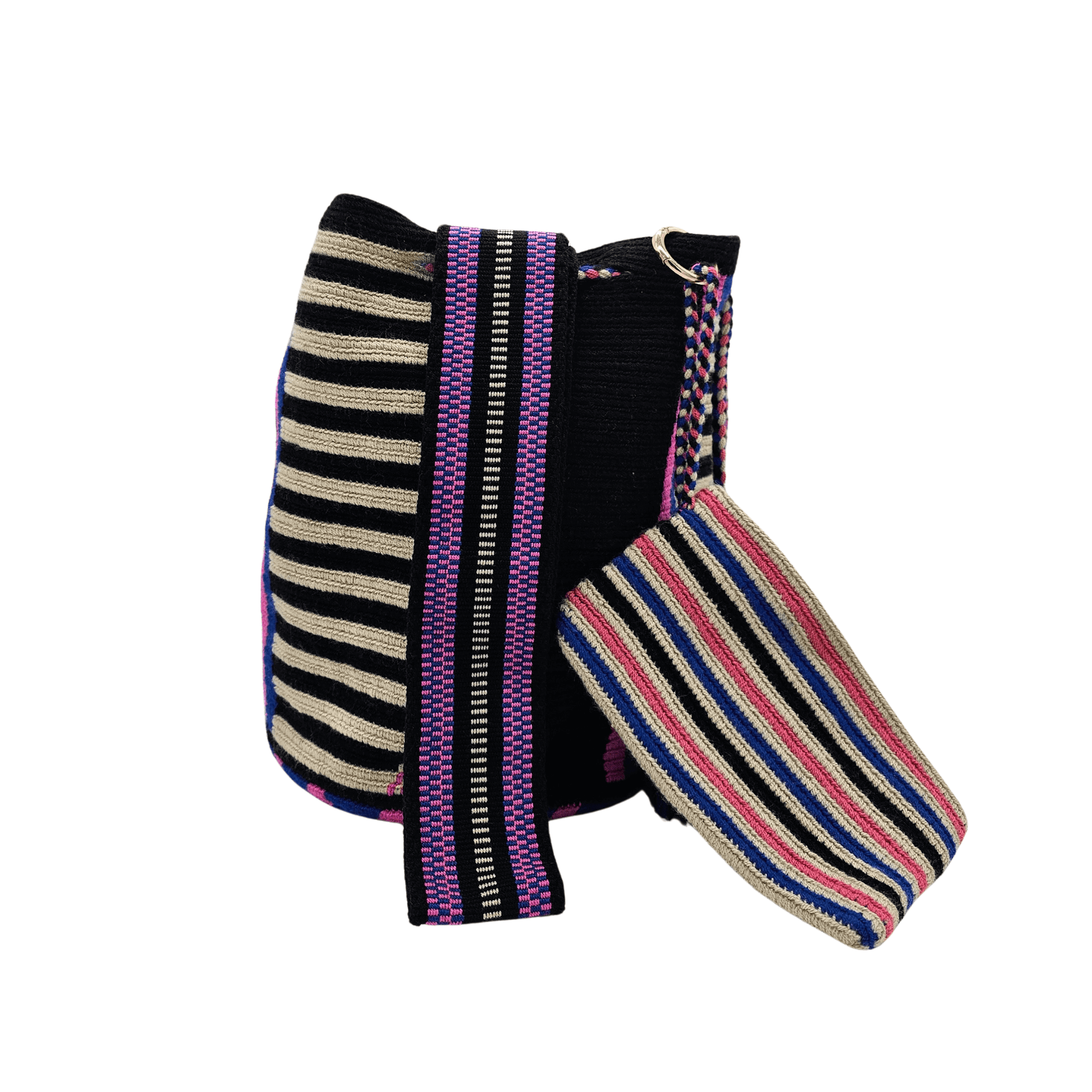 A handmade Wayuu Mochila bag from Colombia, featuring a striking striped design and a separate pouch for small essentials.