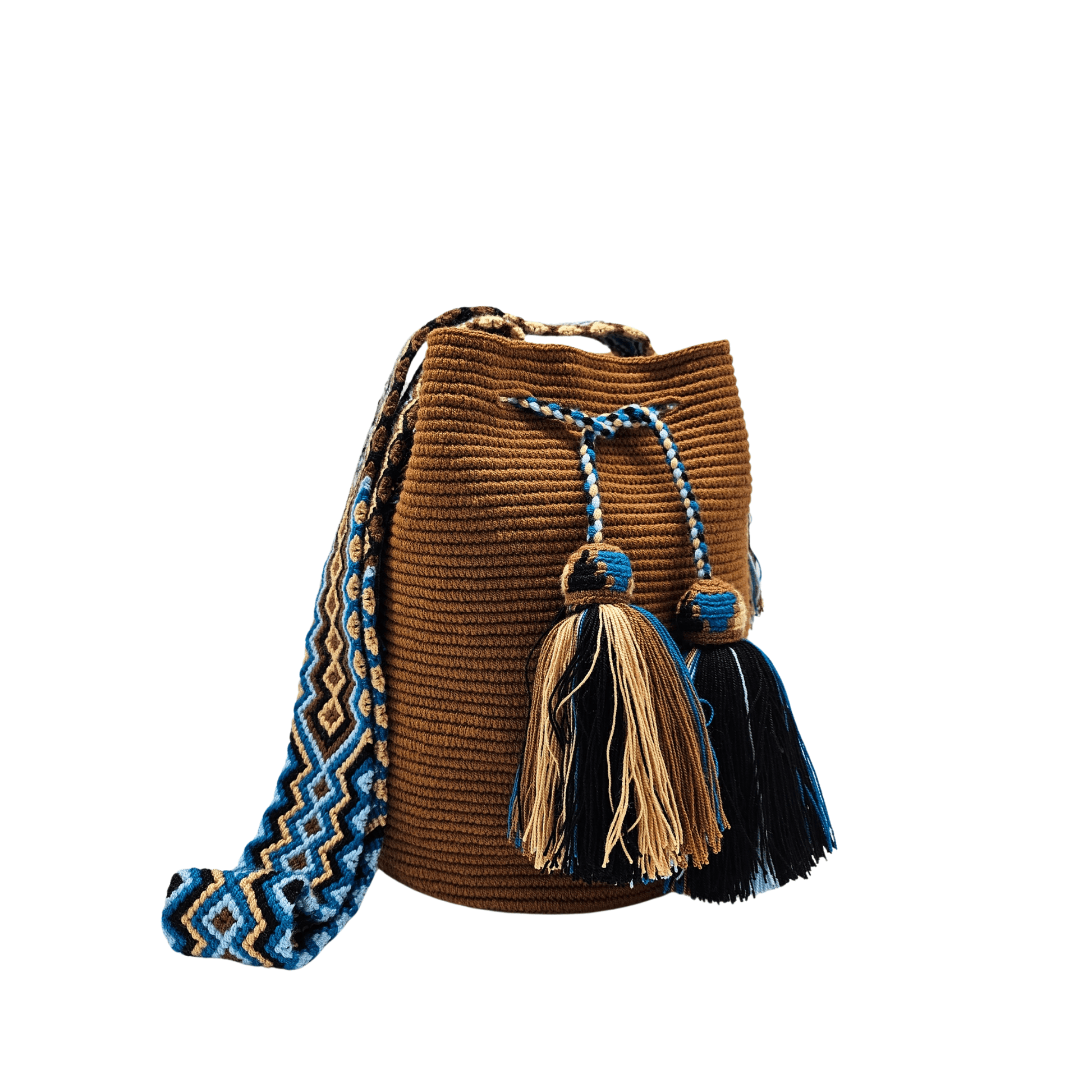 Handmade brown Wayuu bag with a macramé strap, featuring intricate traditional weaving and detailed knot work.