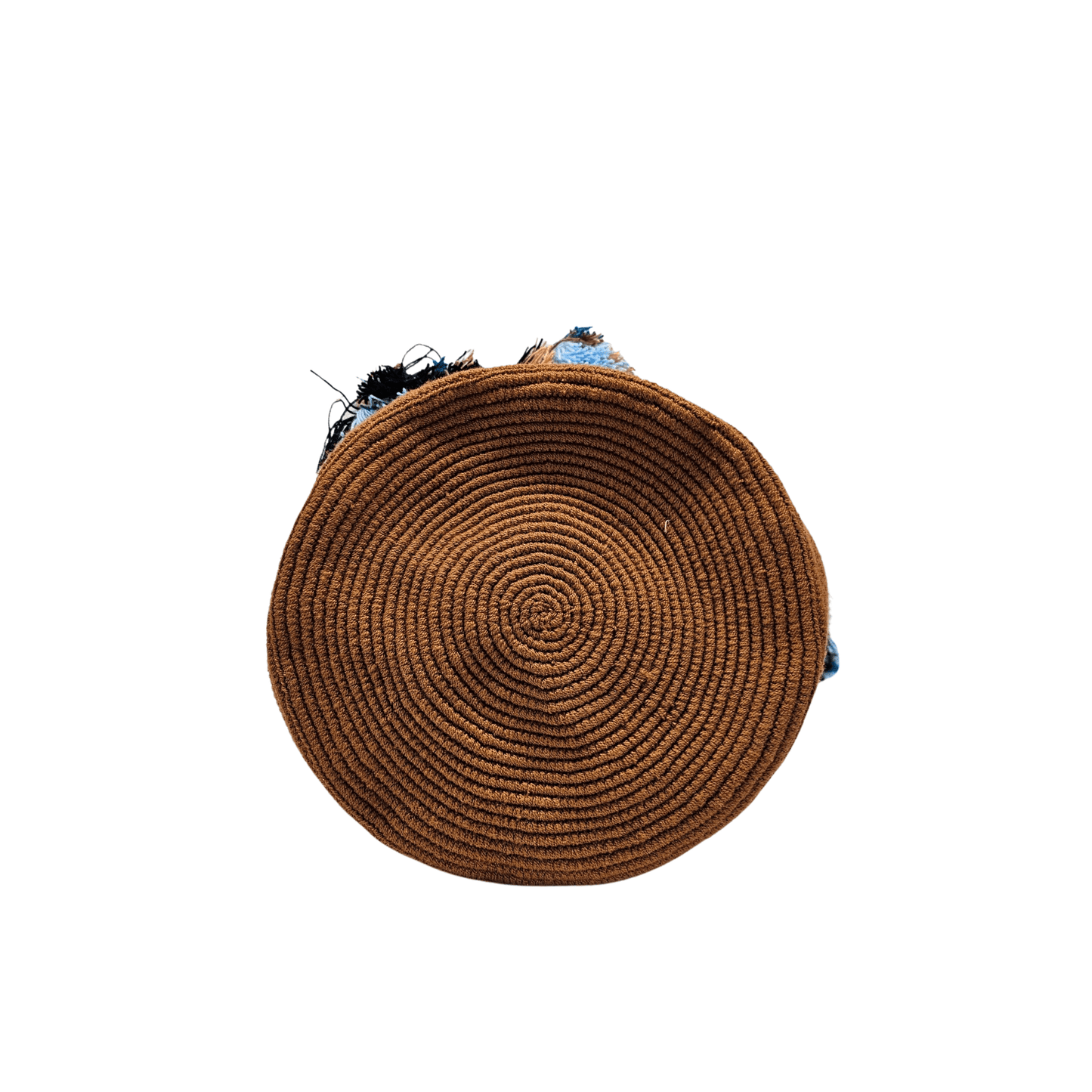 Handmade brown Wayuu bag with a macramé strap, featuring intricate traditional weaving and detailed knot work.