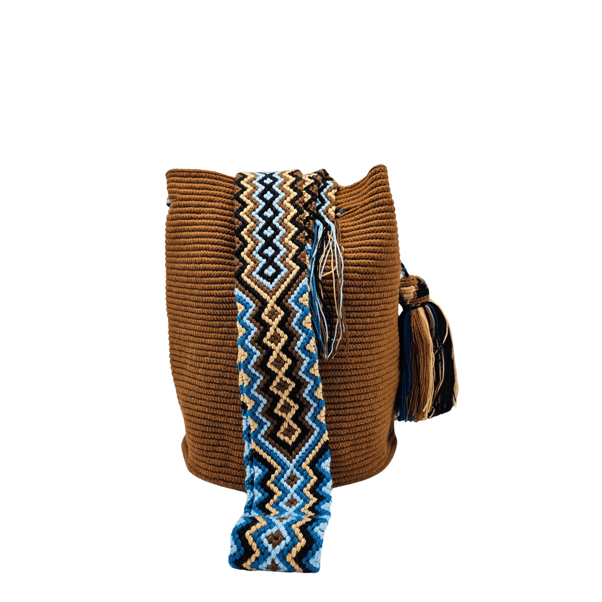 Handmade brown Wayuu bag with a macramé strap, featuring intricate traditional weaving and detailed knot work.