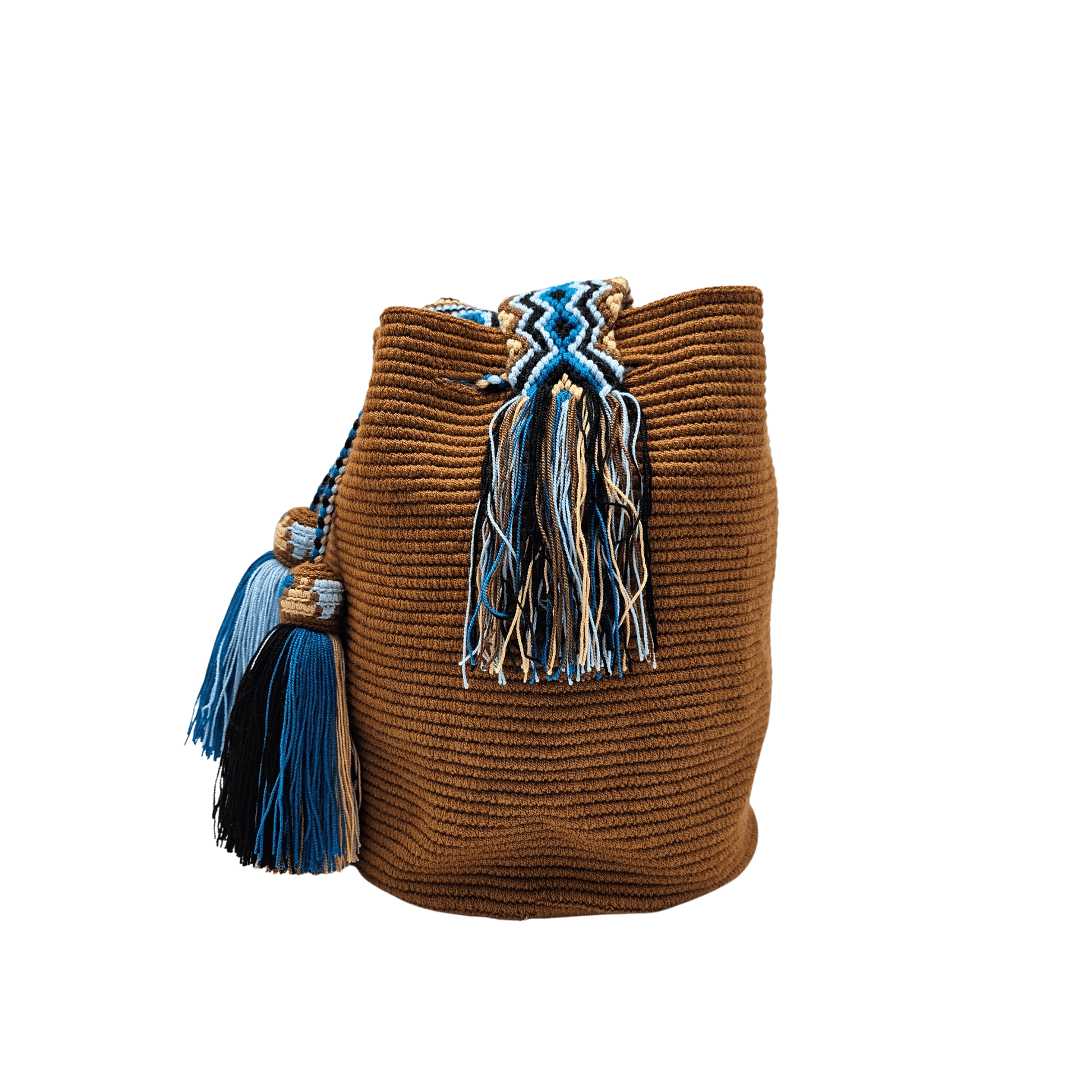 Handmade brown Wayuu bag with a macramé strap, featuring intricate traditional weaving and detailed knot work.