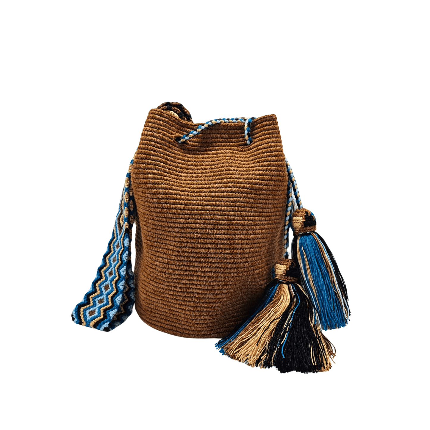 Handmade brown Wayuu bag with a macramé strap, featuring intricate traditional weaving and detailed knot work.