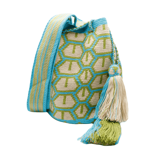 Urma Wayuu Bag-Origin Colombia: Aqua and tea Green Shades, Handcrafted Beauty
