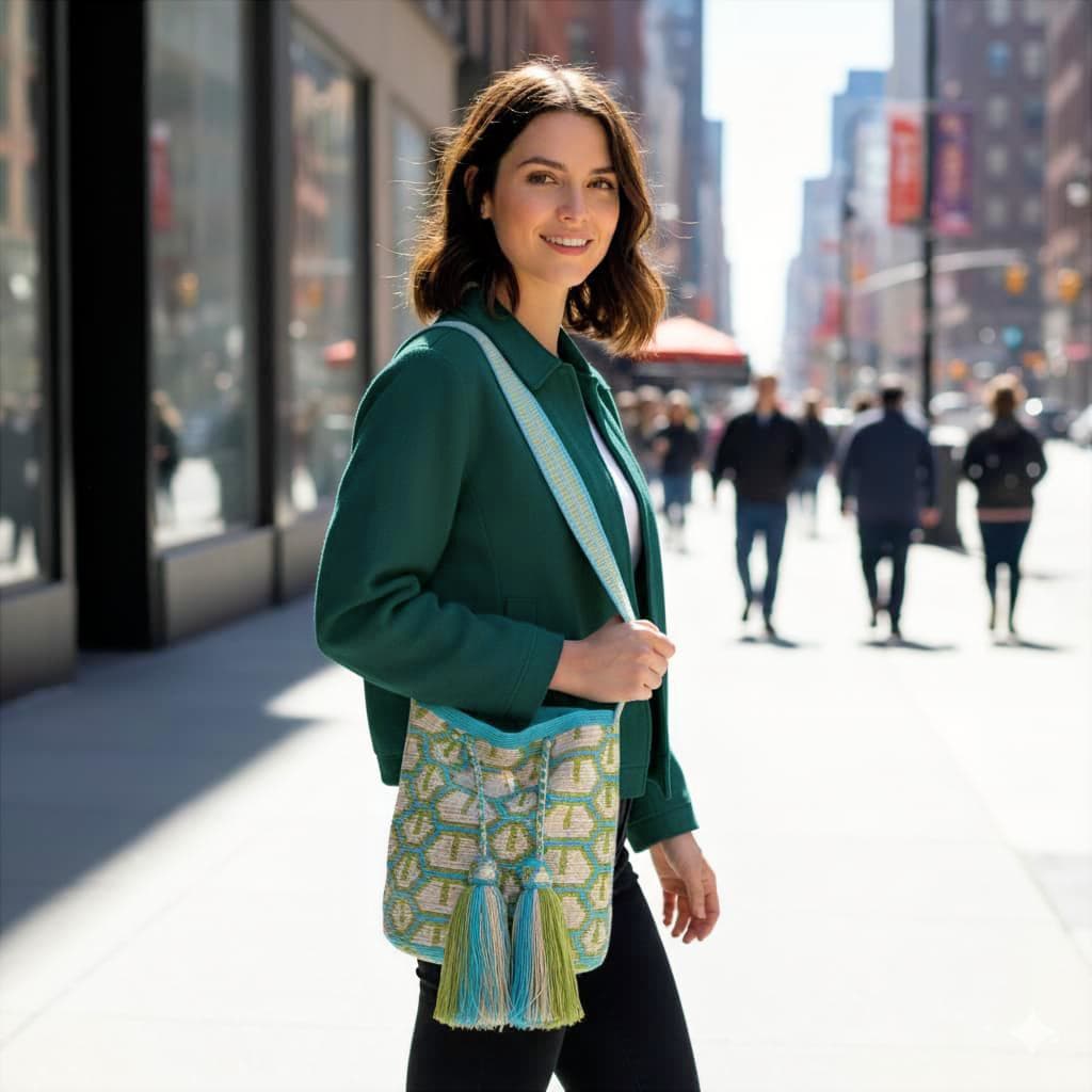 Urma Wayuu Bag-Origin Colombia: Aqua and tea Green Shades, Handcrafted Beauty