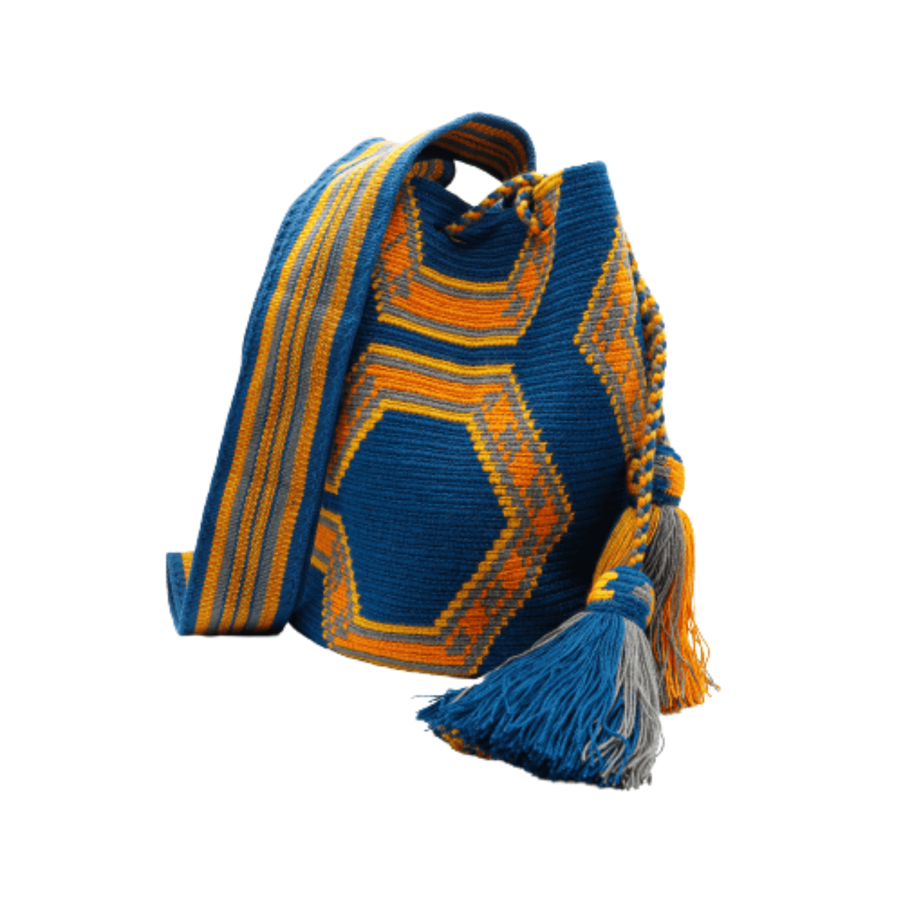 Valeria Wayuu Bag in Blue Ocean with Orange, Gray, and Yellow - Bold and Attractive Design - Handcrafted Beauty and Vibrant Colors