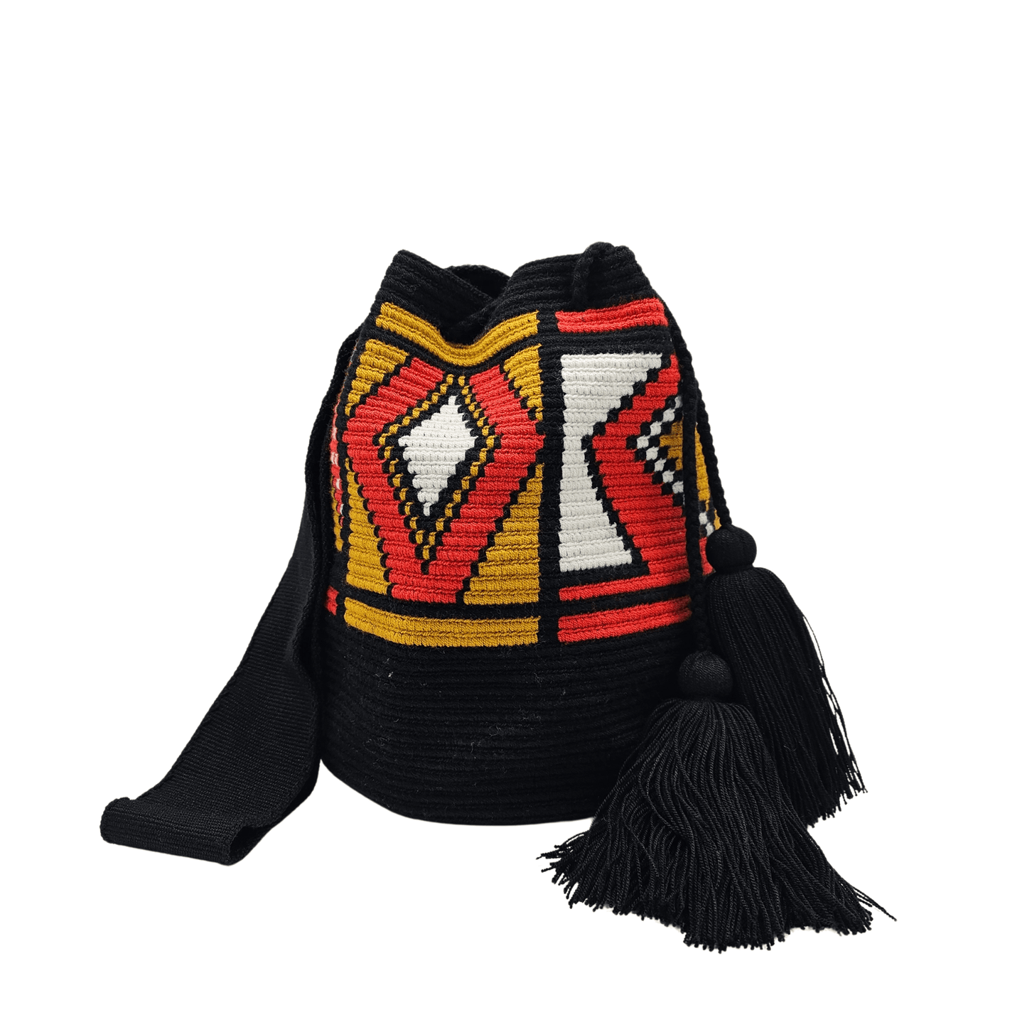 Handmade Wayuu bag by Wayuu artisans, this unique bag in black, orange and honey with a pre-Columbian geometric design is perfect for everyday use.