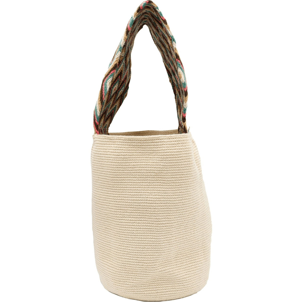 A solid beige Banu Wayuu Colombian Bag with a wide macramé handle adorned with vibrant colors. The bag features a wide short strap, making it a bold statement piece that beautifully complements the bag's body.