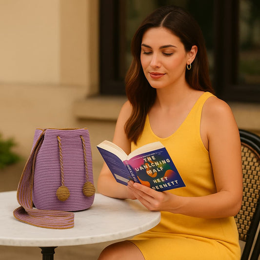 Handcrafted Colombian Wayúu bag in soft lavender with gold braided drawstrings and matching gold pom-poms, featuring a wide shoulder strap with lavender and gold striped detailing.