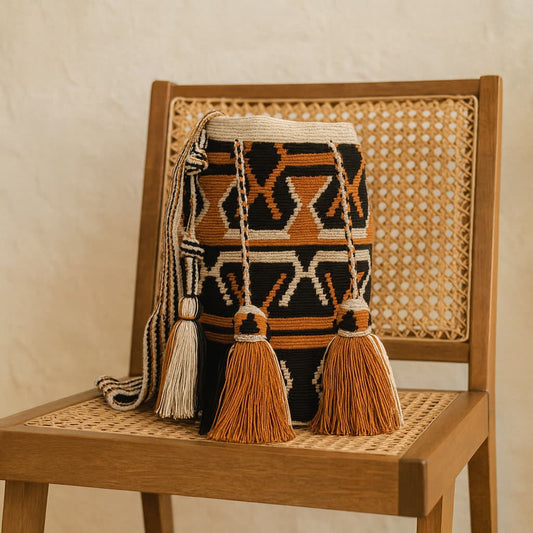 A handmade Wayuu Mochila bag from Colombia, featuring a striking geometric design and a drawstring closure with tassels.