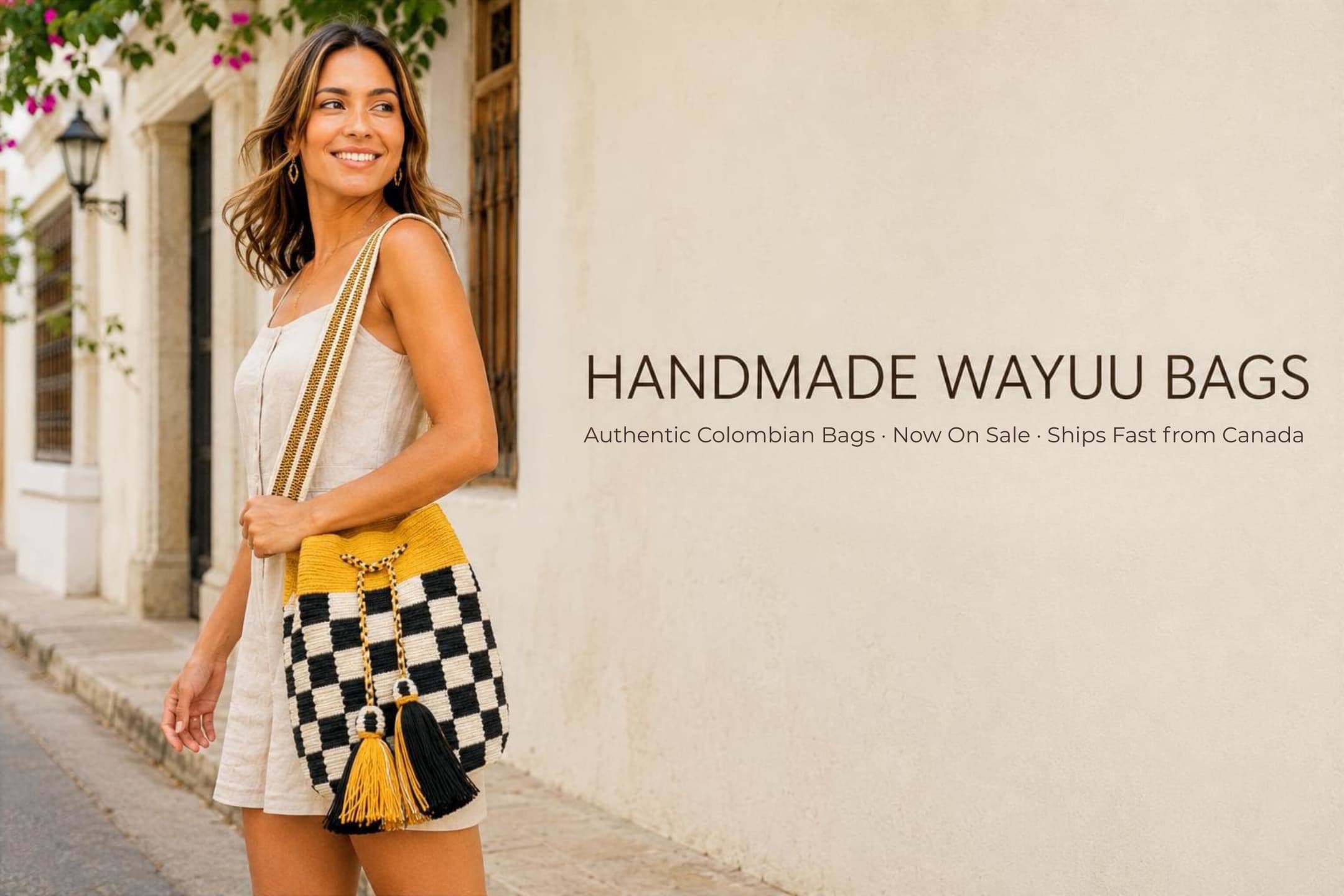 Handmade Wayuu bag worn by model in Colombia — authentic Colombian bags on sale, ships from Canada